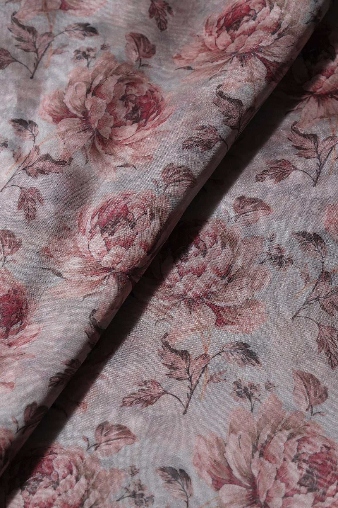 Light Brown Floral Pattern Digital Print On Grey Organza Fabric - doeraa