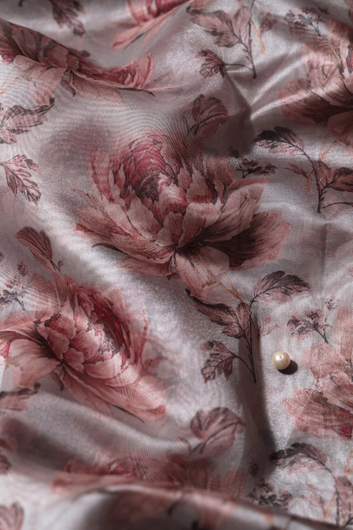 Light Brown Floral Pattern Digital Print On Grey Organza Fabric - doeraa