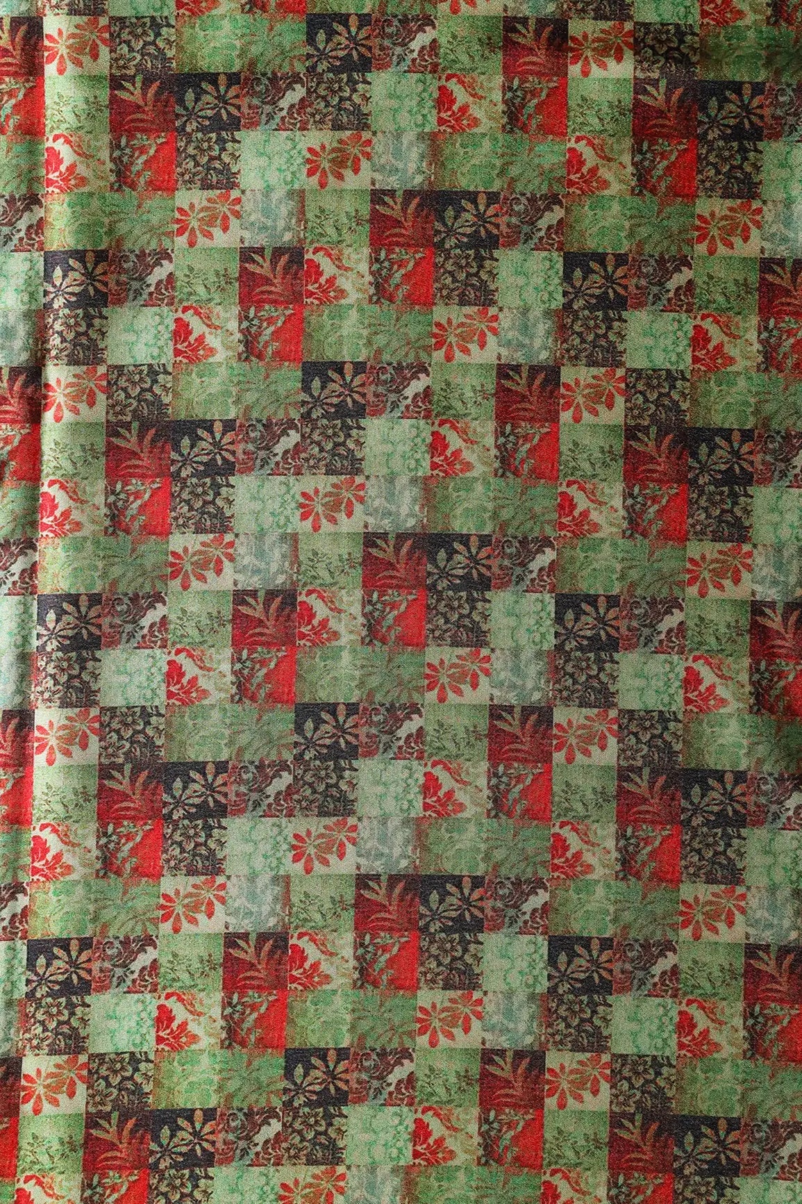 Light Green And Red Floral Checks Pattern Digital Print On Satin Fabric - doeraa
