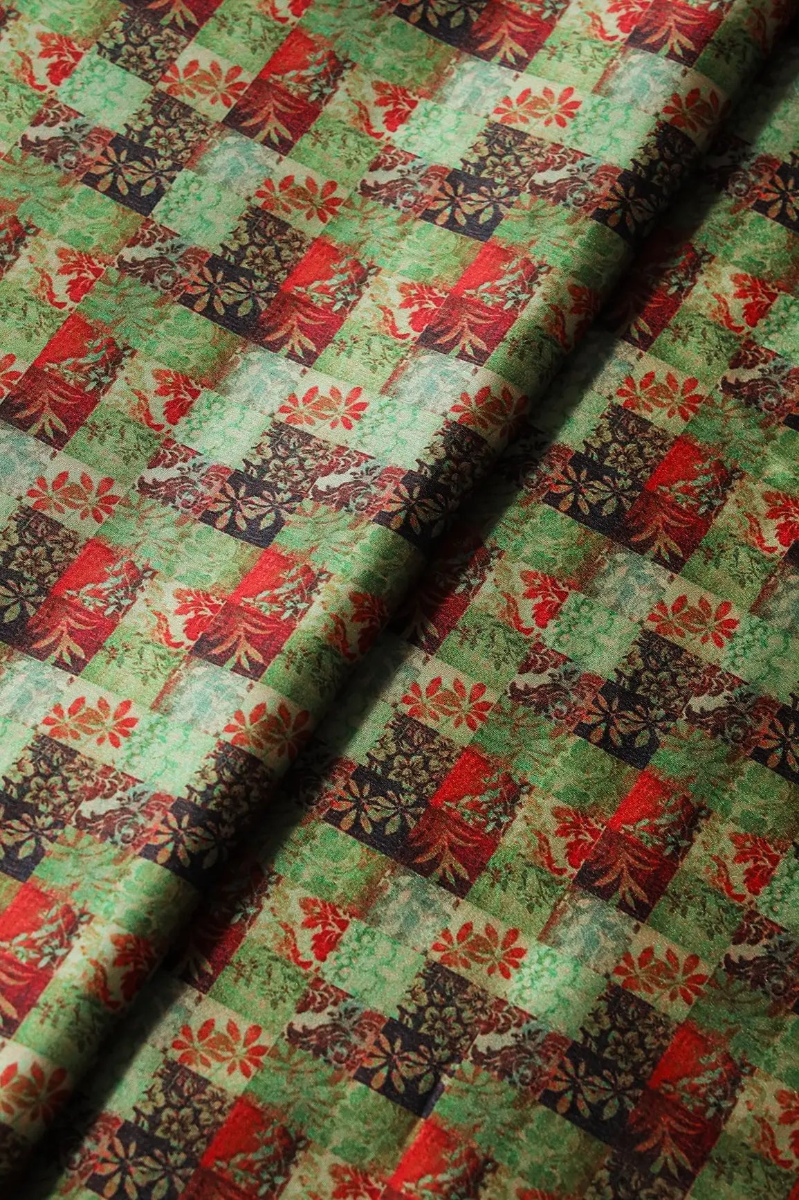 Light Green And Red Floral Checks Pattern Digital Print On Satin Fabric - doeraa