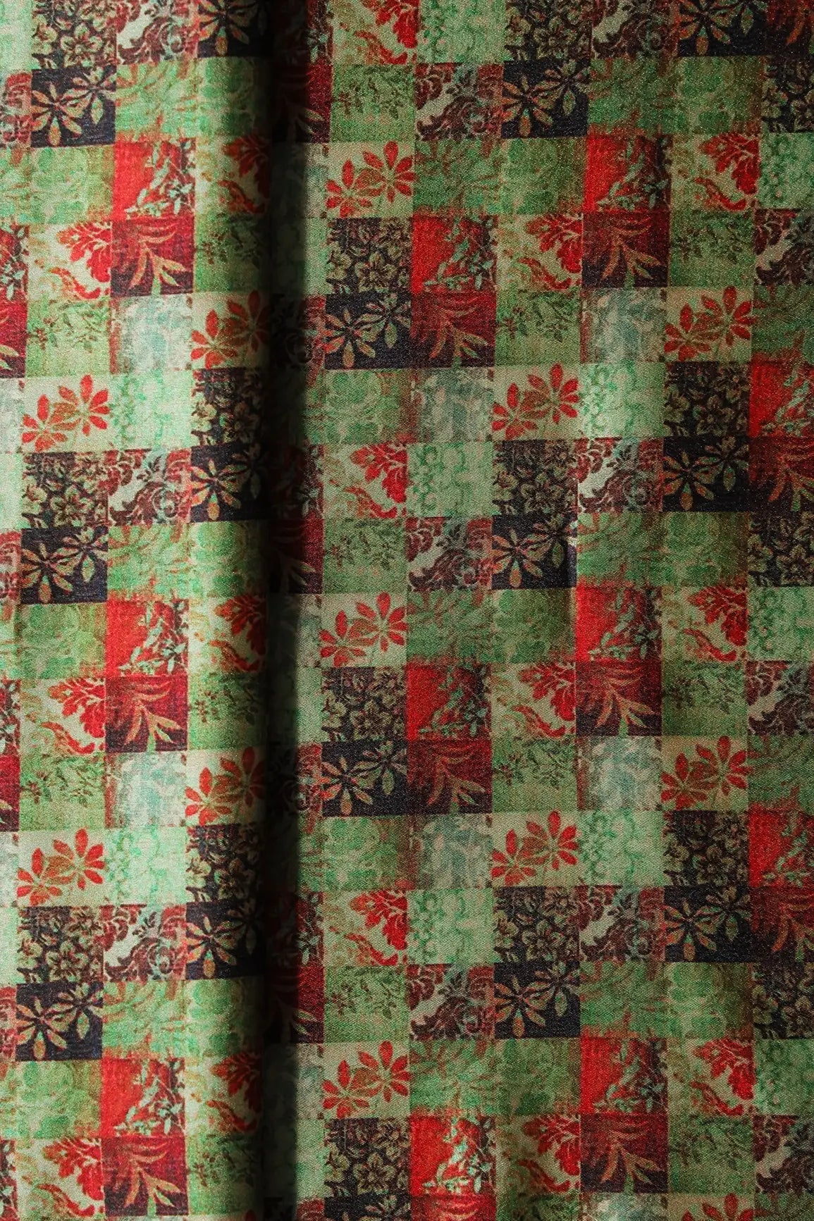 Light Green And Red Floral Checks Pattern Digital Print On Satin Fabric - doeraa