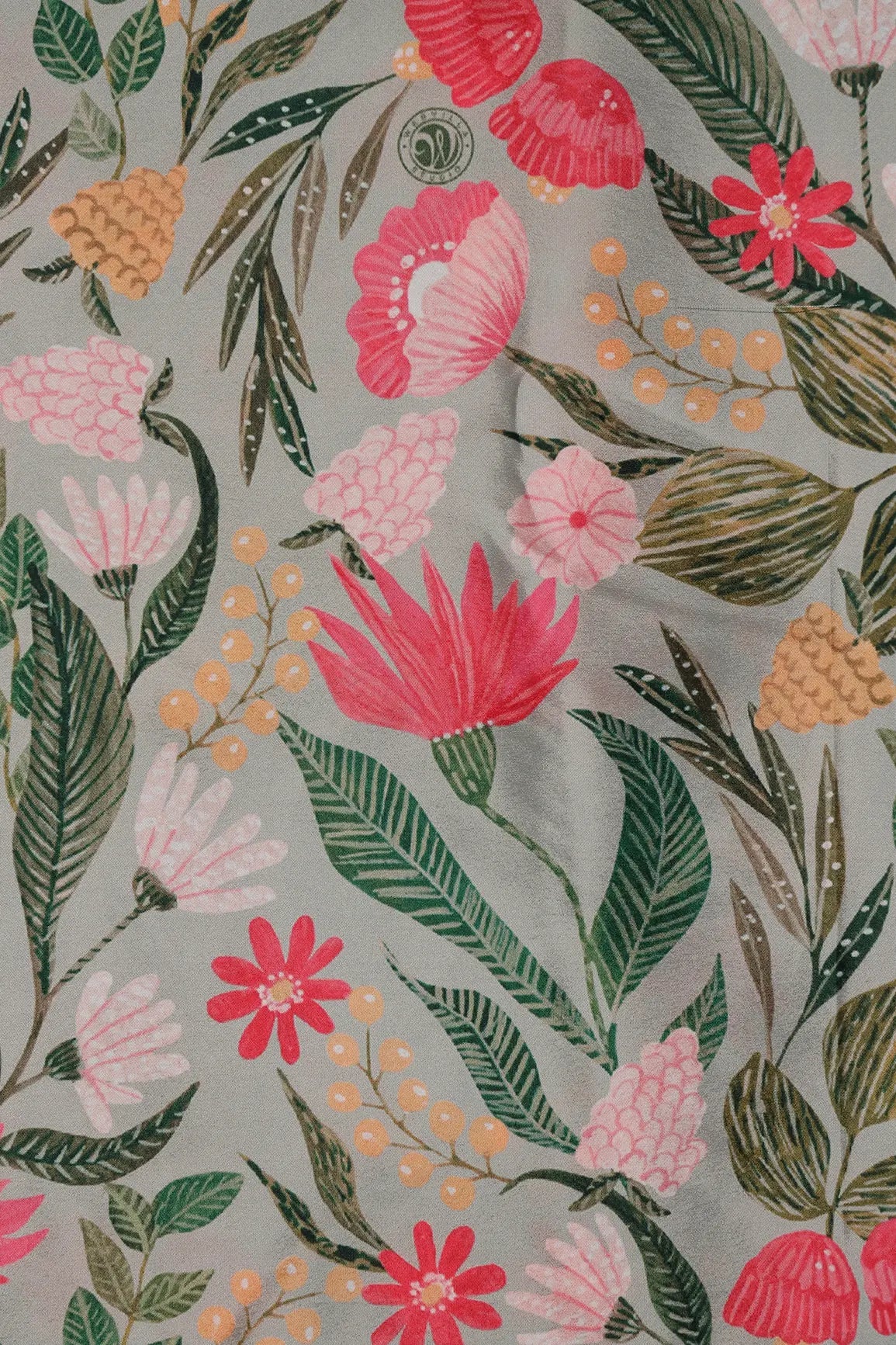 Light Grey And Pink Floral Pattern Digital Print On French Crepe Fabric - doeraa