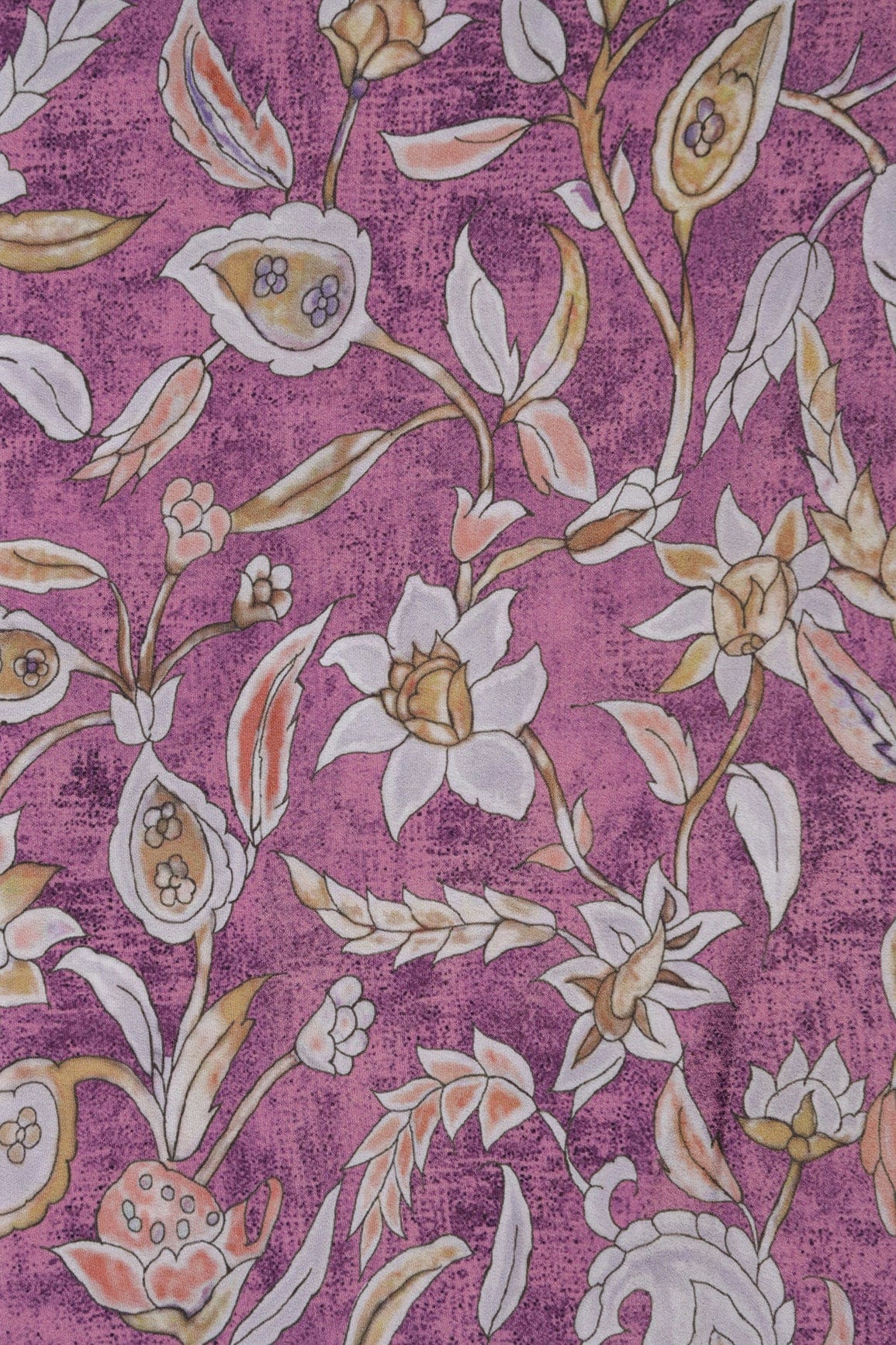 Light Grey Floral Digital Print On Orchid Purple Crepe Fabric - doeraa