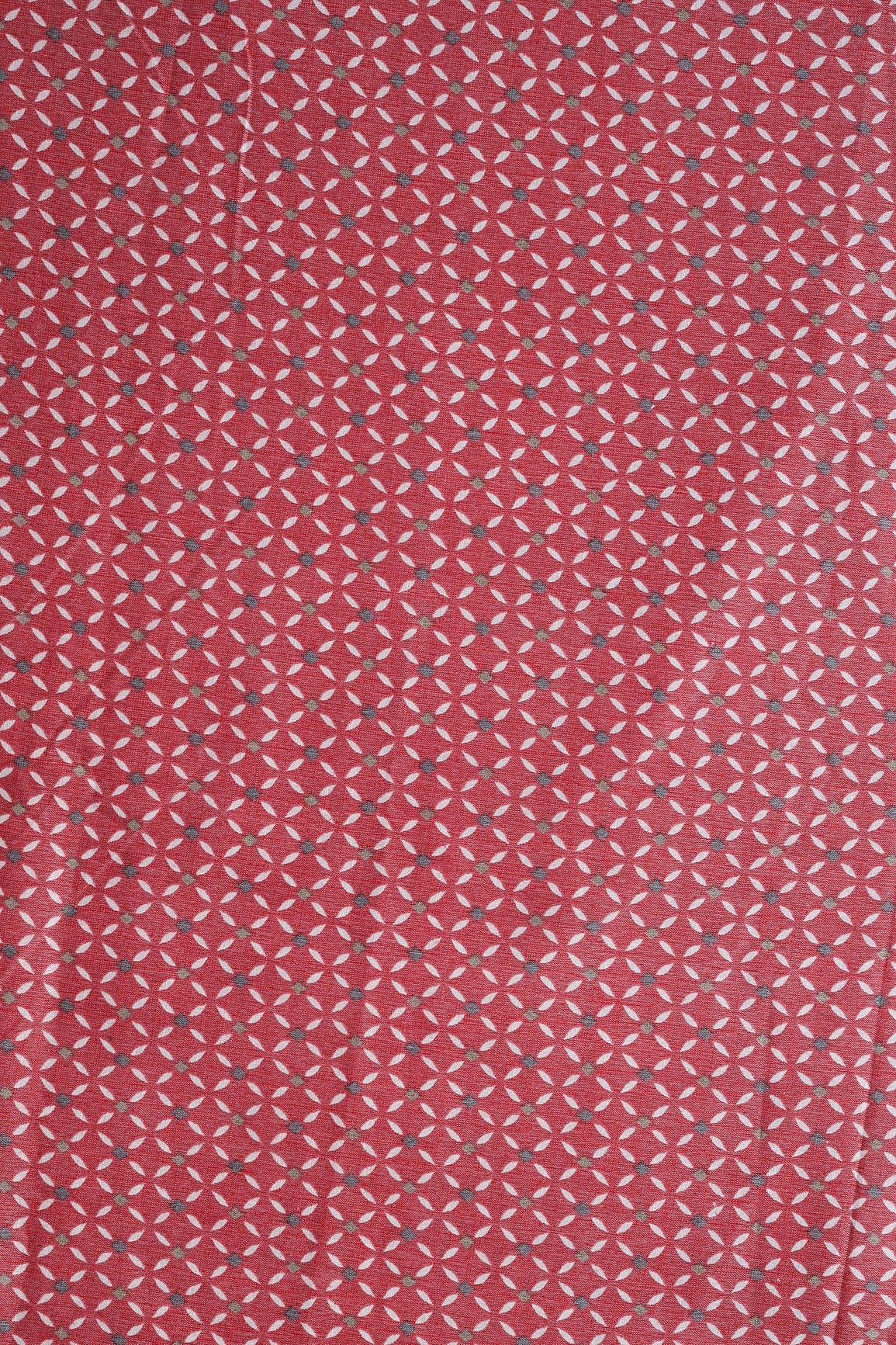 Light Maroon And White Geometric Pattern On Pure Rayon Fabric - doeraa