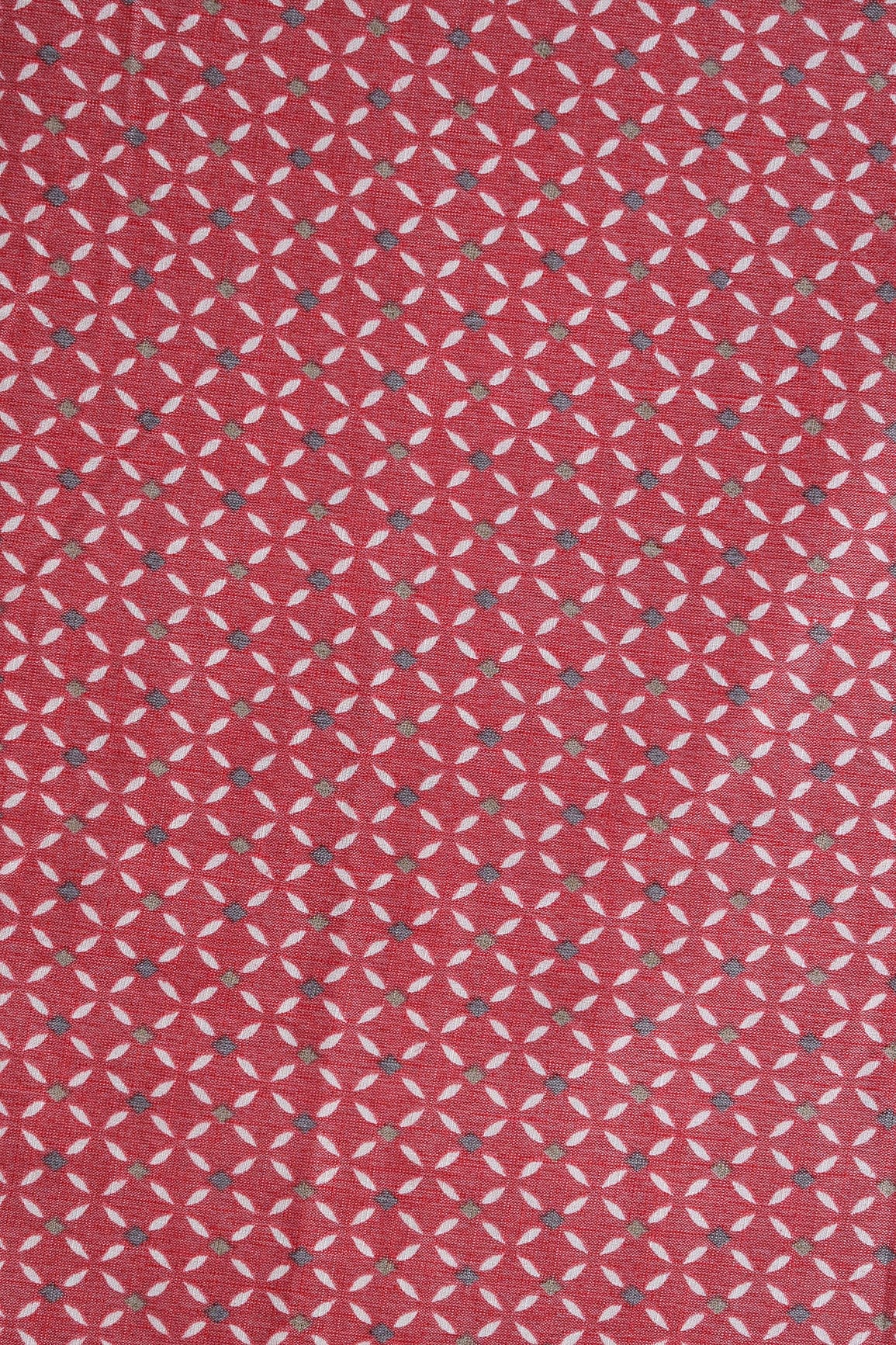 Light Maroon And White Geometric Pattern On Pure Rayon Fabric - doeraa