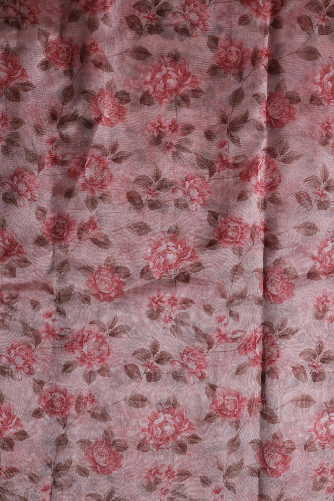 Light Maroon Floral Pattern Digital Print On Dusty Pink Organza Fabric - doeraa