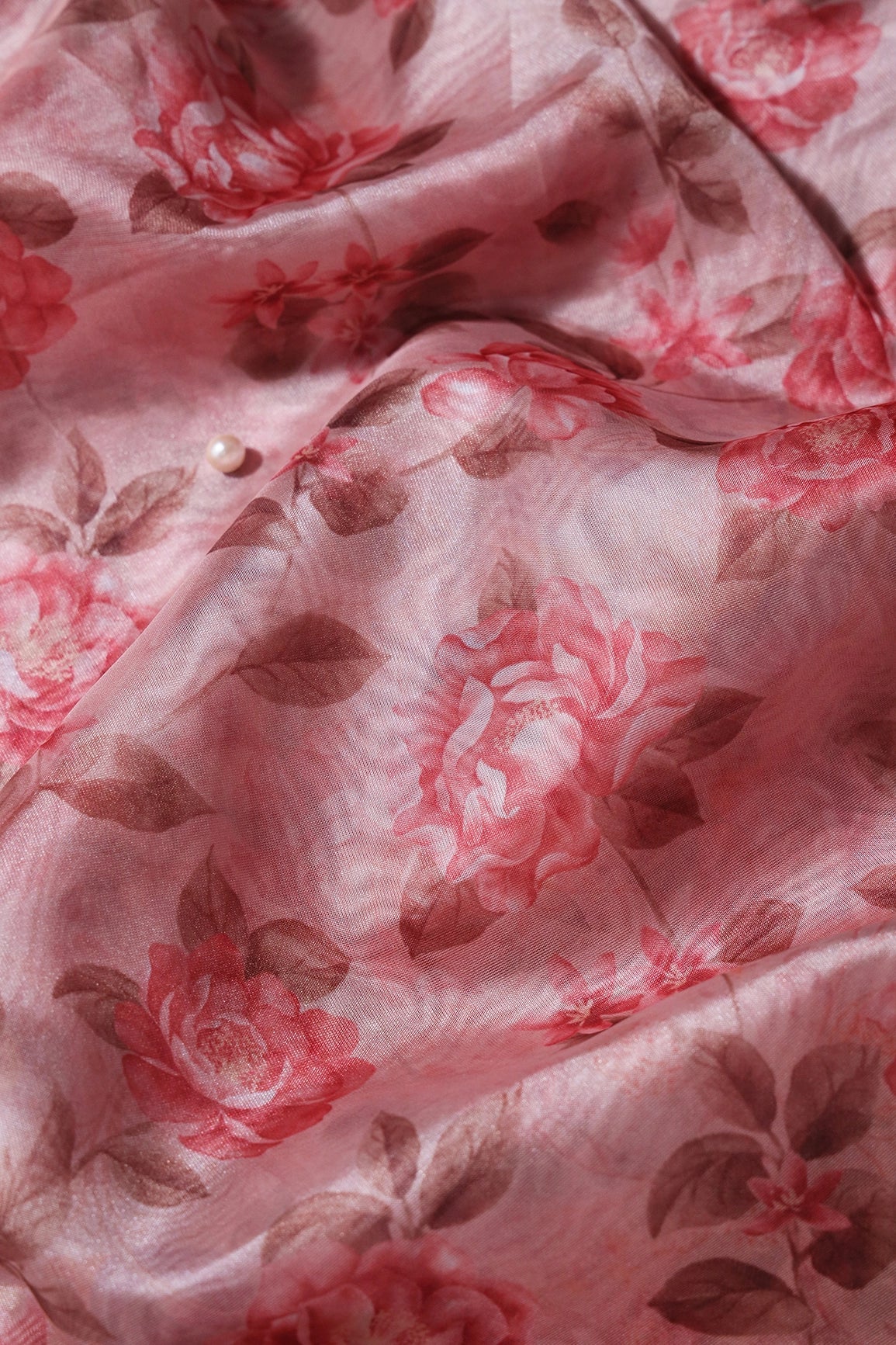 Light Maroon Floral Pattern Digital Print On Dusty Pink Organza Fabric - doeraa