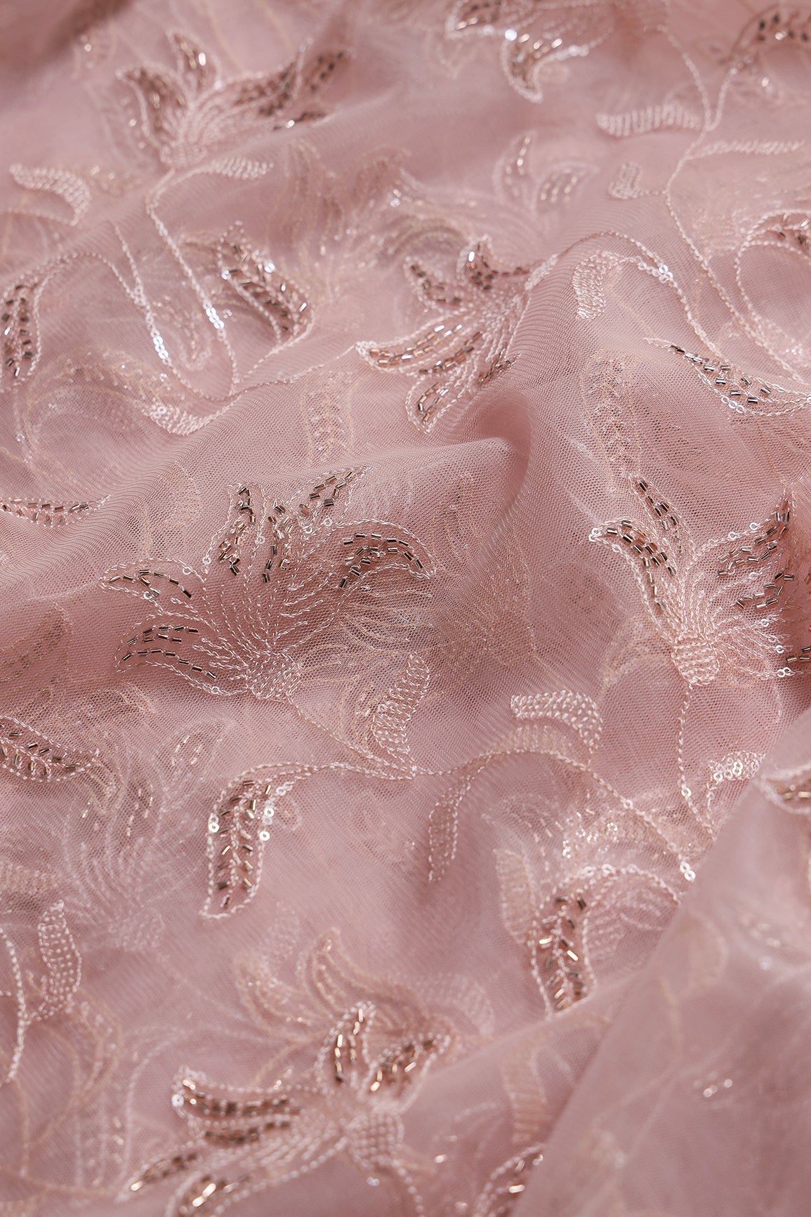 Light Pink Thread & Beads With Water Sequins Floral Leafy Embroidery Work On Light Pink Soft Net Fabric - doeraa
