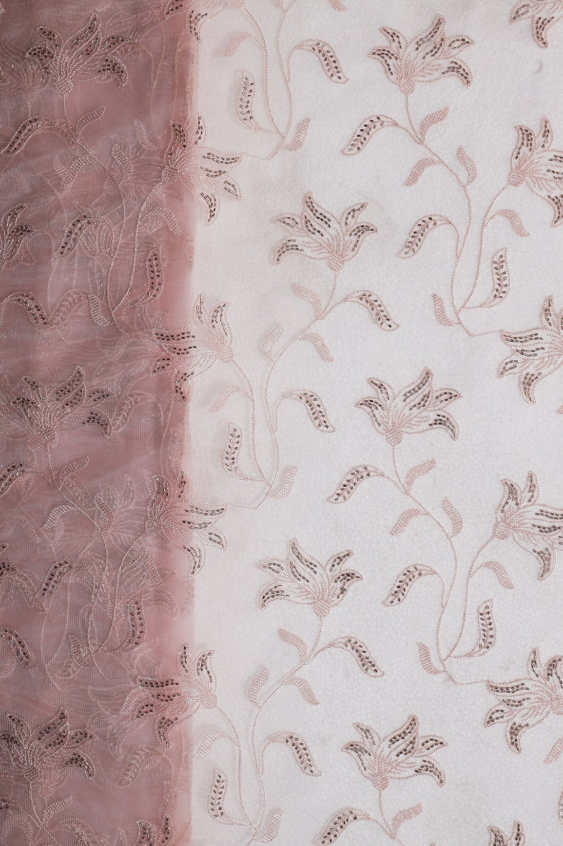 Light Pink Thread & Beads With Water Sequins Floral Leafy Embroidery Work On Light Pink Soft Net Fabric - doeraa