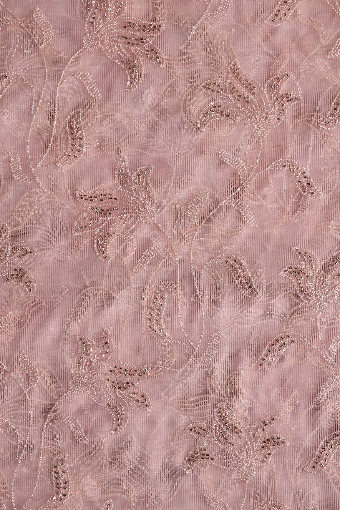 Light Pink Thread & Beads With Water Sequins Floral Leafy Embroidery Work On Light Pink Soft Net Fabric - doeraa