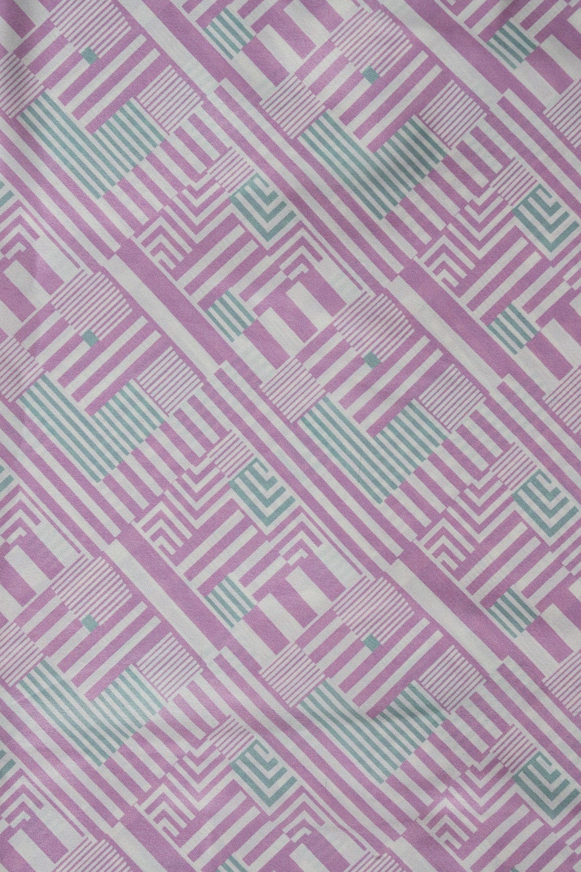 Light Purple And Pastel Green Geometric Pattern Digital Print On Off White French Crepe Fabric - doeraa