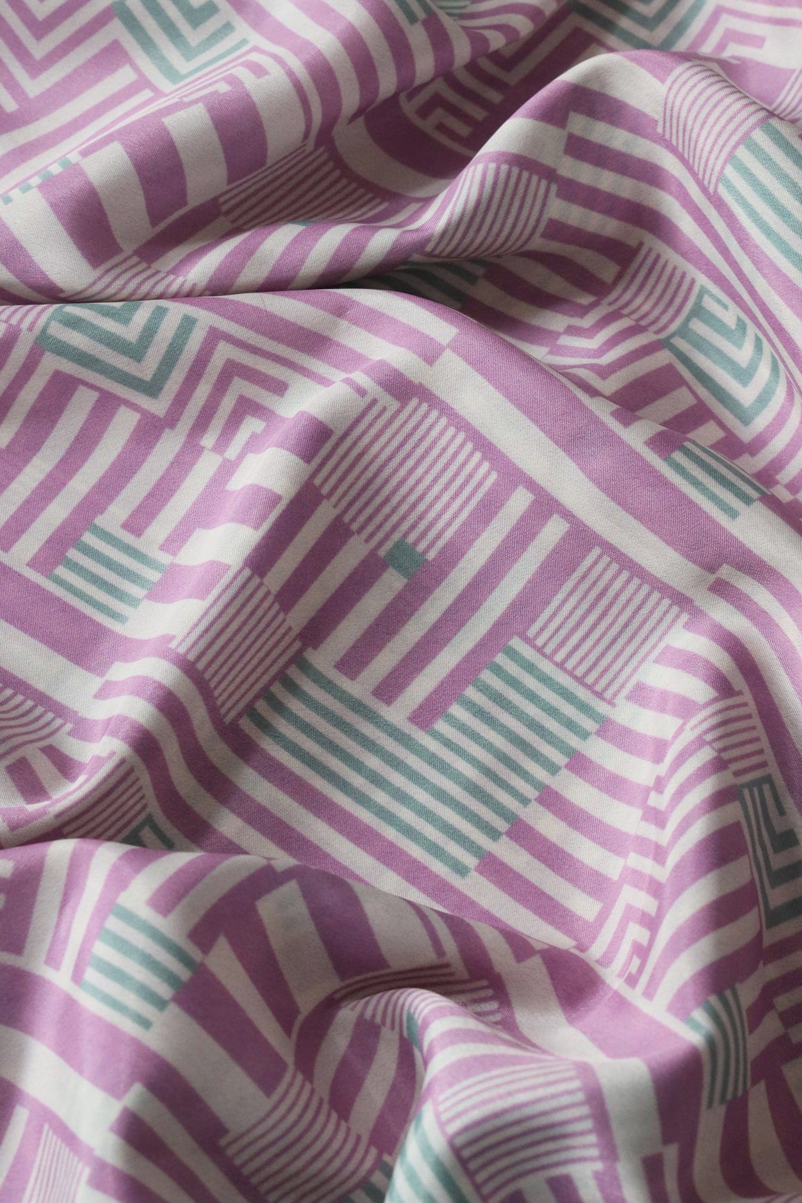 Light Purple And Pastel Green Geometric Pattern Digital Print On Off White French Crepe Fabric - doeraa