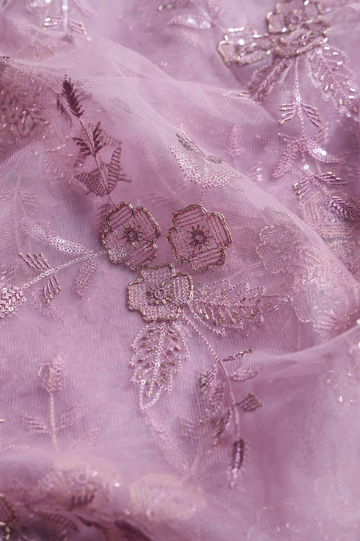 Light Purple Thread & Beads With Water Sequins Floral Embroidery Work On Light Purple Soft Net Fabric - doeraa