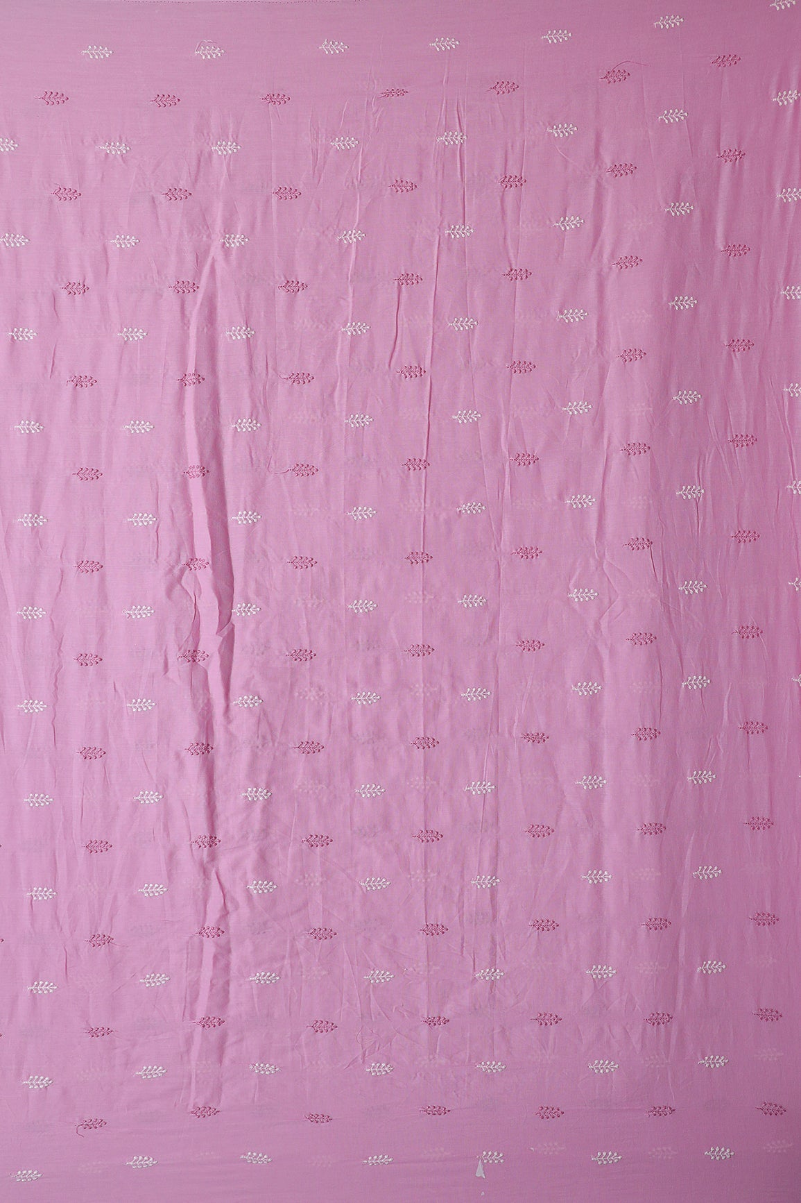 Lilac And White Thread Leafy Embroidery On Lilac Pure Mul Cotton Fabric - doeraa