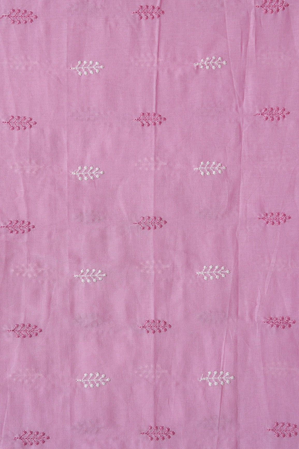 Lilac And White Thread Leafy Embroidery On Lilac Pure Mul Cotton Fabric - doeraa
