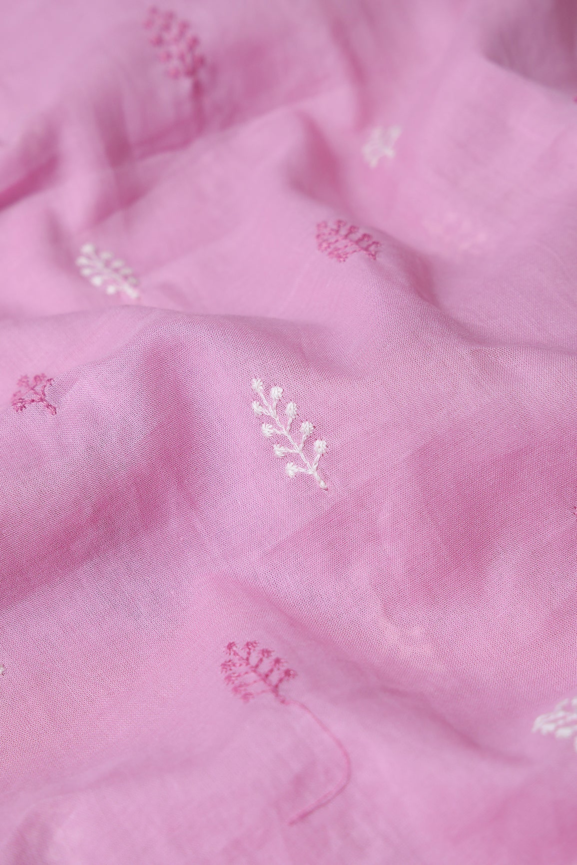 Lilac And White Thread Leafy Embroidery On Lilac Pure Mul Cotton Fabric - doeraa