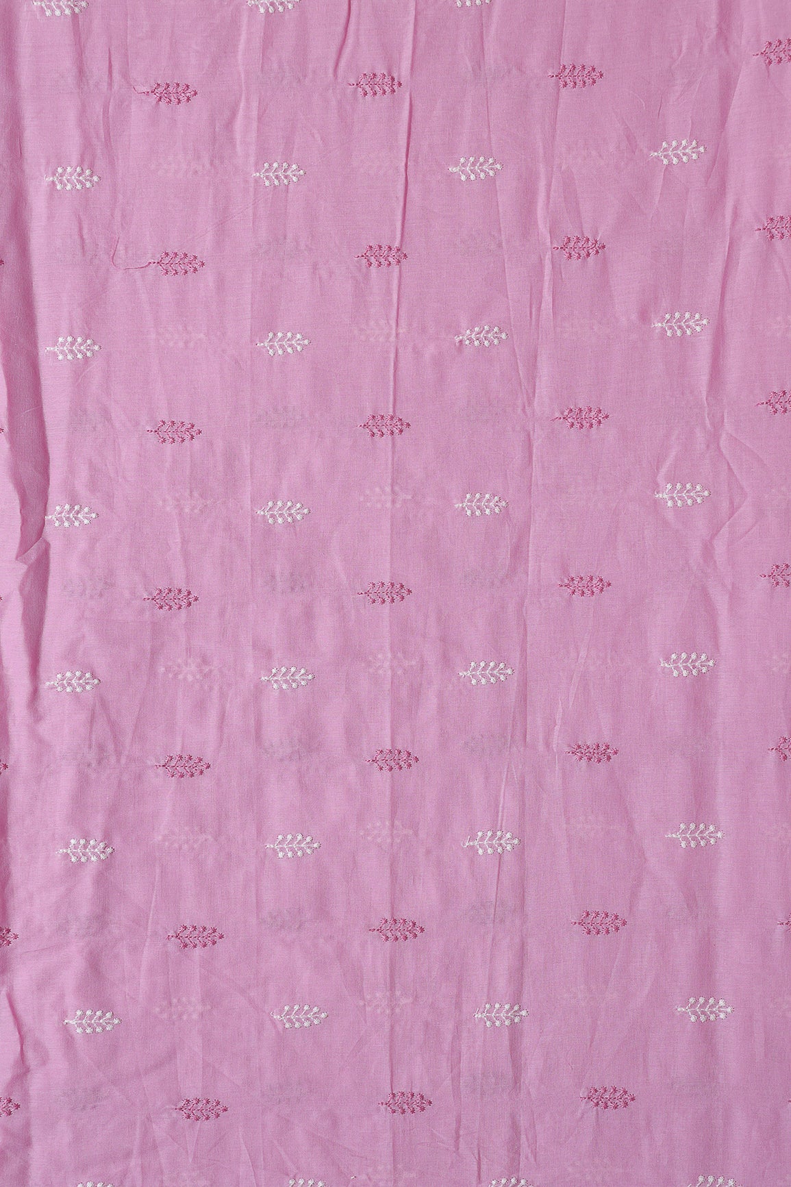 Lilac And White Thread Leafy Embroidery On Lilac Pure Mul Cotton Fabric - doeraa