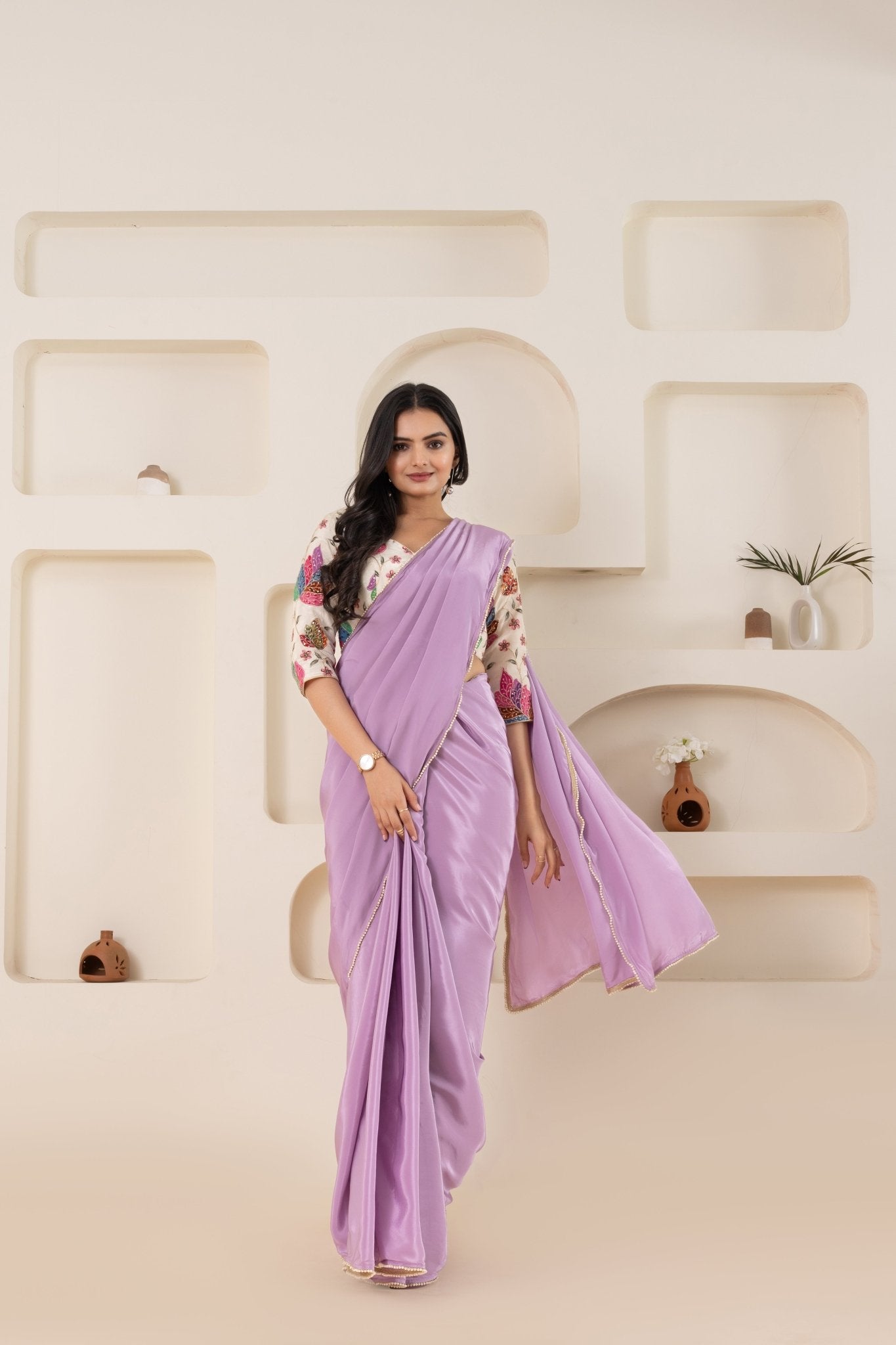 Lilac Purple And Cream Pure Viscose Crepe Saree Set With Border (Saree With Blouse Piece) - doeraa