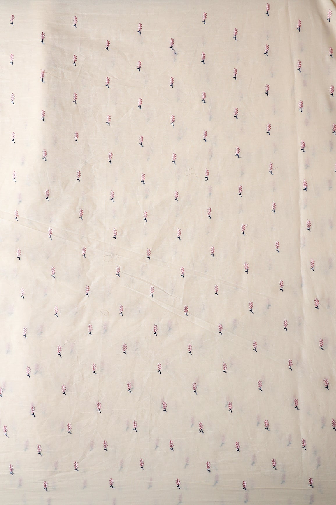 Lilac Small Leafy Embroidery On Off White Pure Cotton Fabric - doeraa