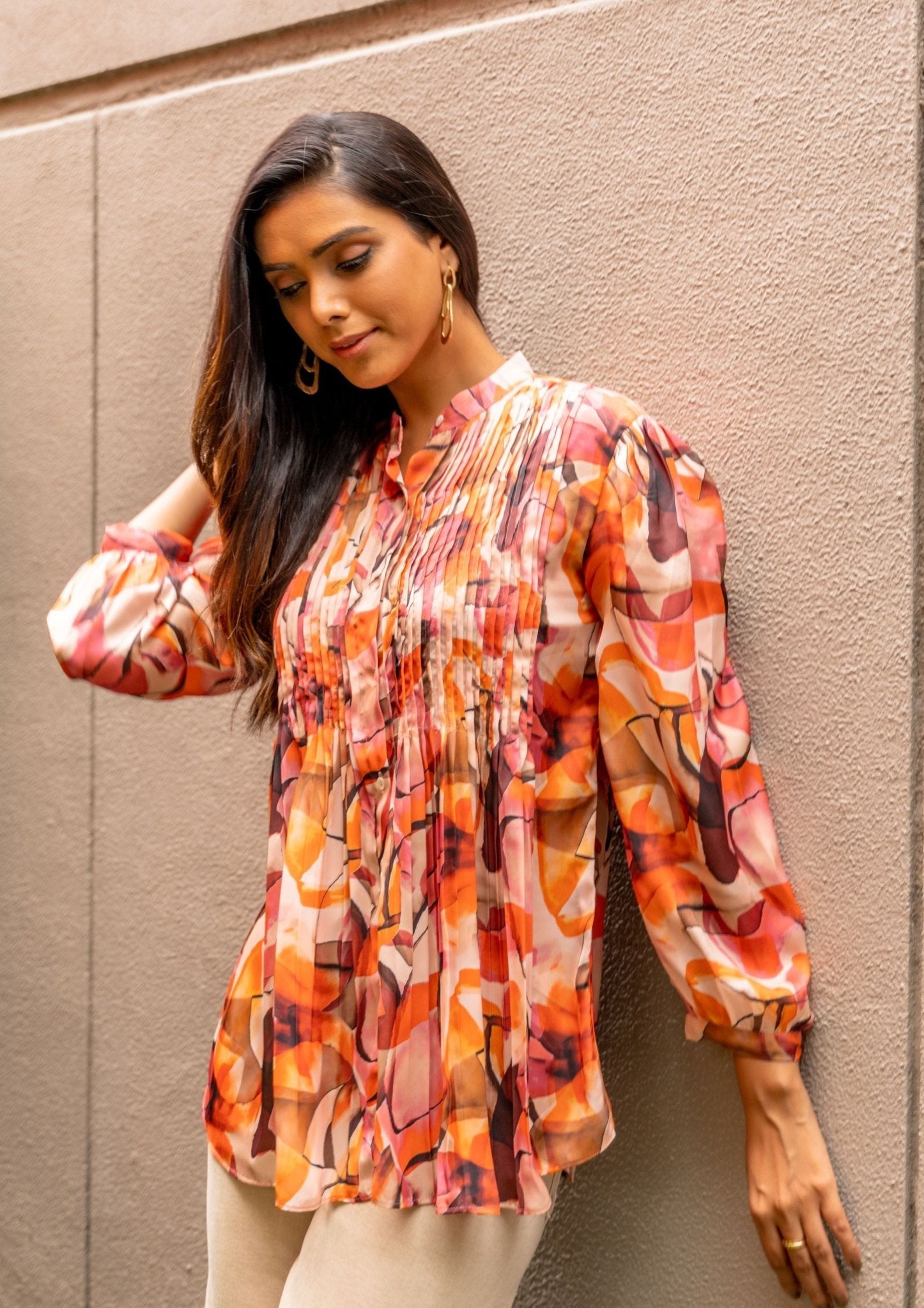 Marble Pleated Satin Top - doeraa