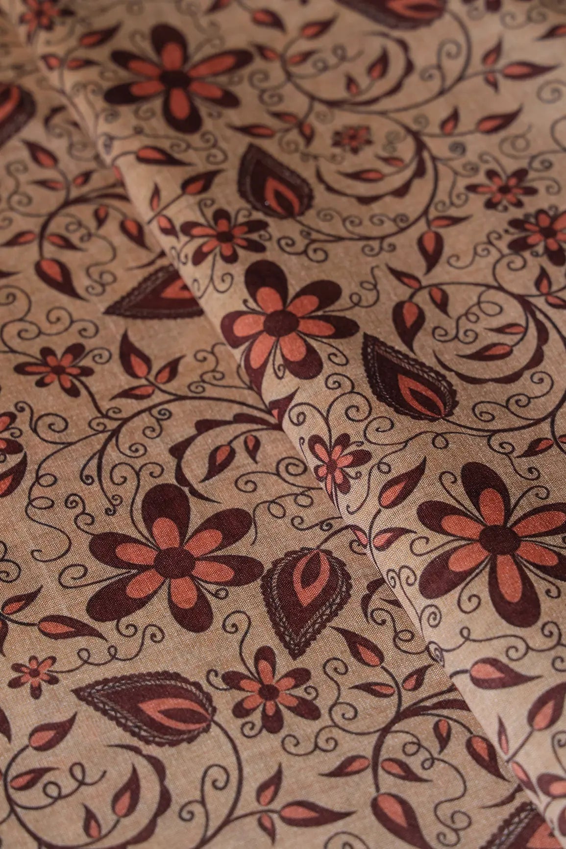 Maroon And Beige Floral Pattern Digital Print On Mulberry Silk Fabric - doeraa