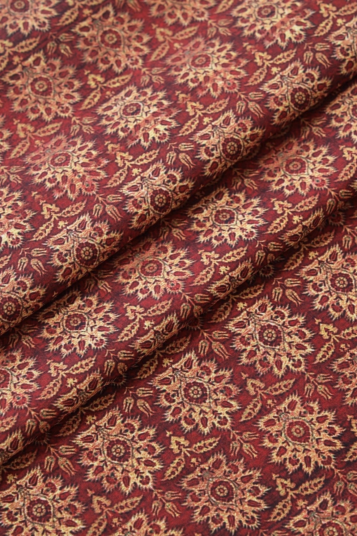 Maroon And Cream Floral Pattern Digital Print On Mix Polyester Fabric - doeraa