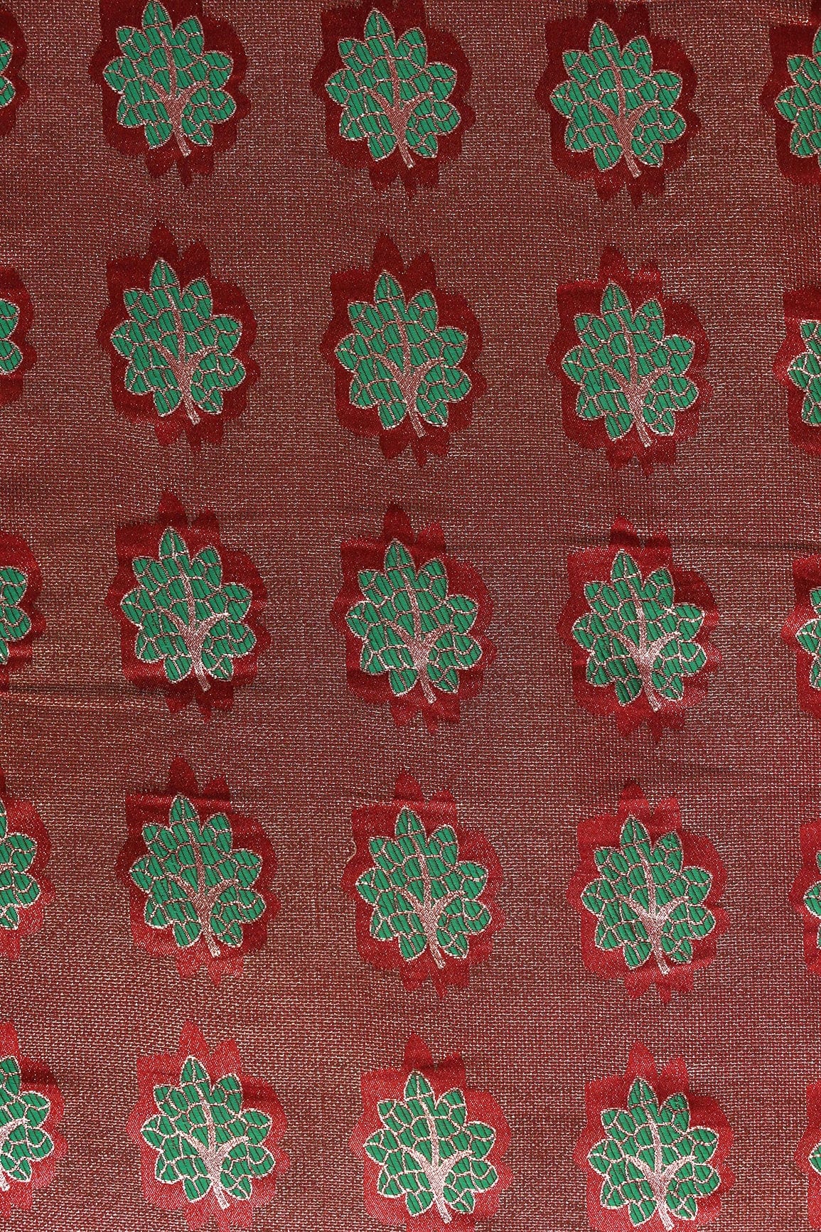 Maroon And Green Leafy Jute Banarasi Zari Jacquard Fabric - doeraa