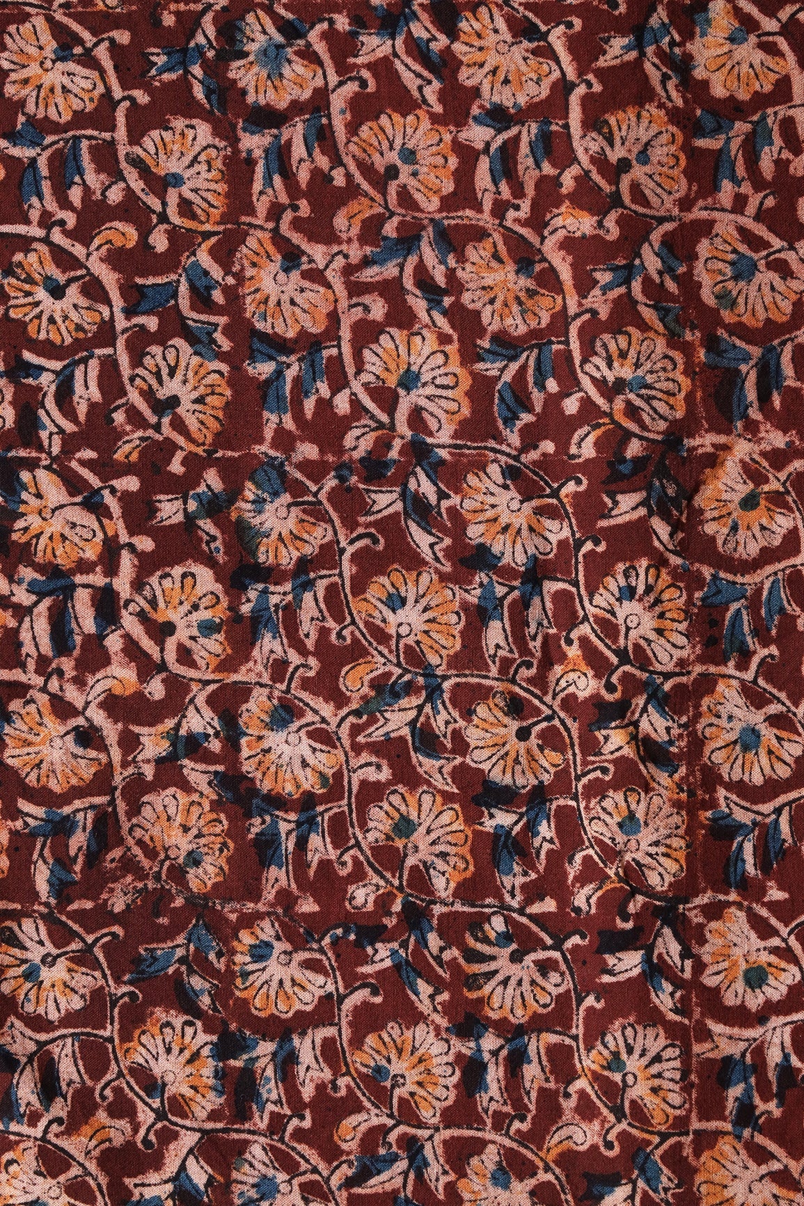 Maroon And Light Beige Floral Pattern Handblock Kalamkari Organic Cotton Fabric - doeraa