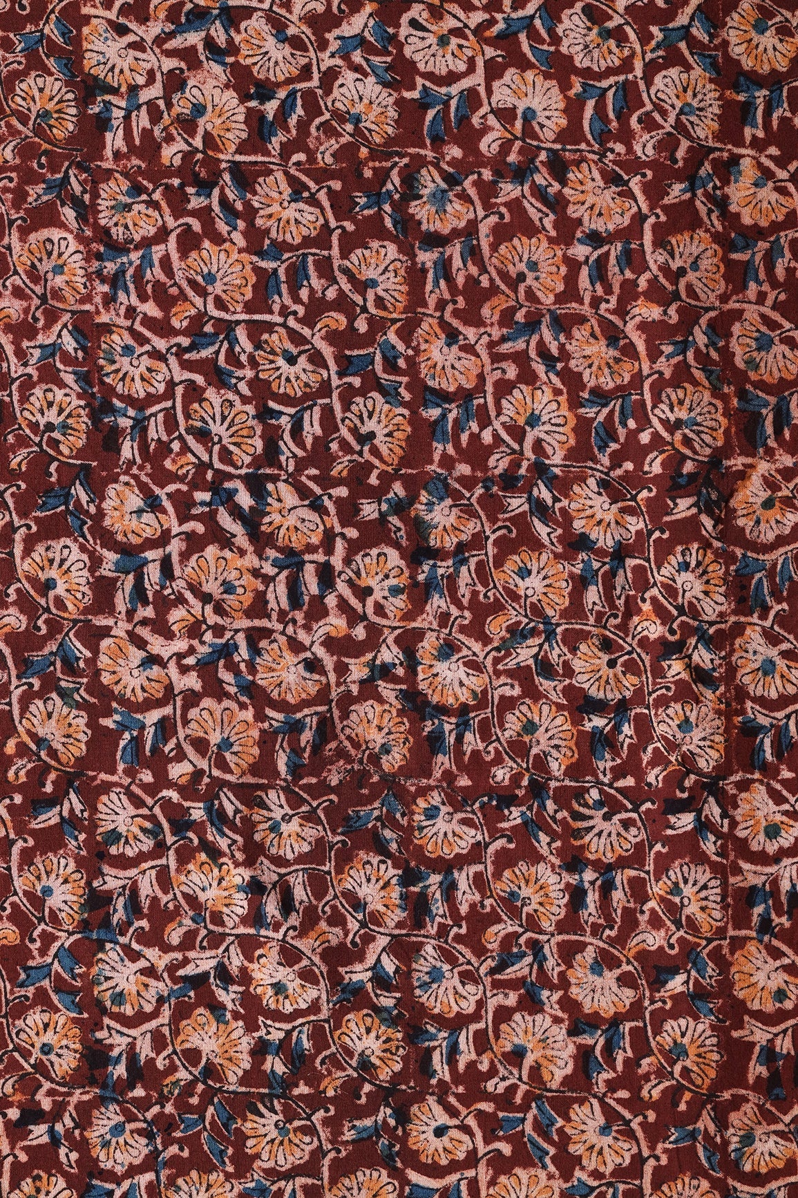 Maroon And Light Beige Floral Pattern Handblock Kalamkari Organic Cotton Fabric - doeraa