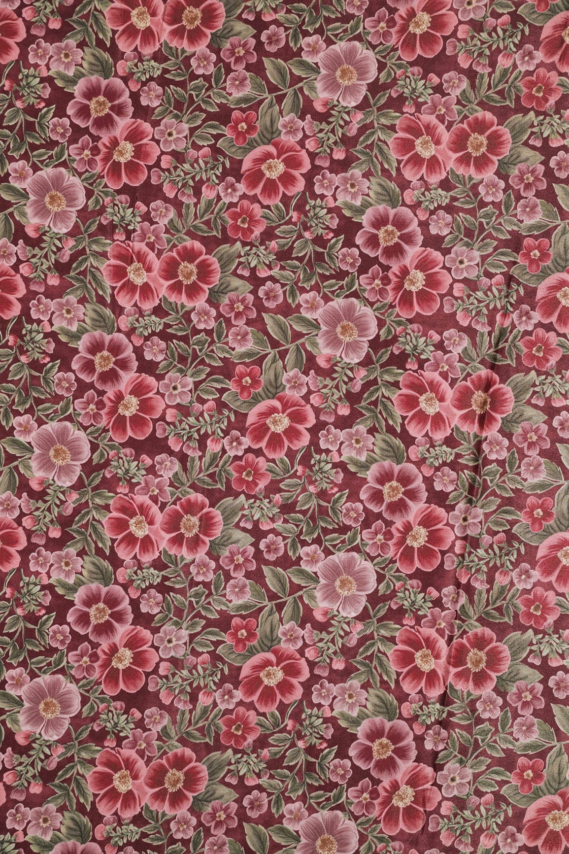 Maroon And Olive Floral Digital Print On Dark Brown Crepe Fabric - doeraa