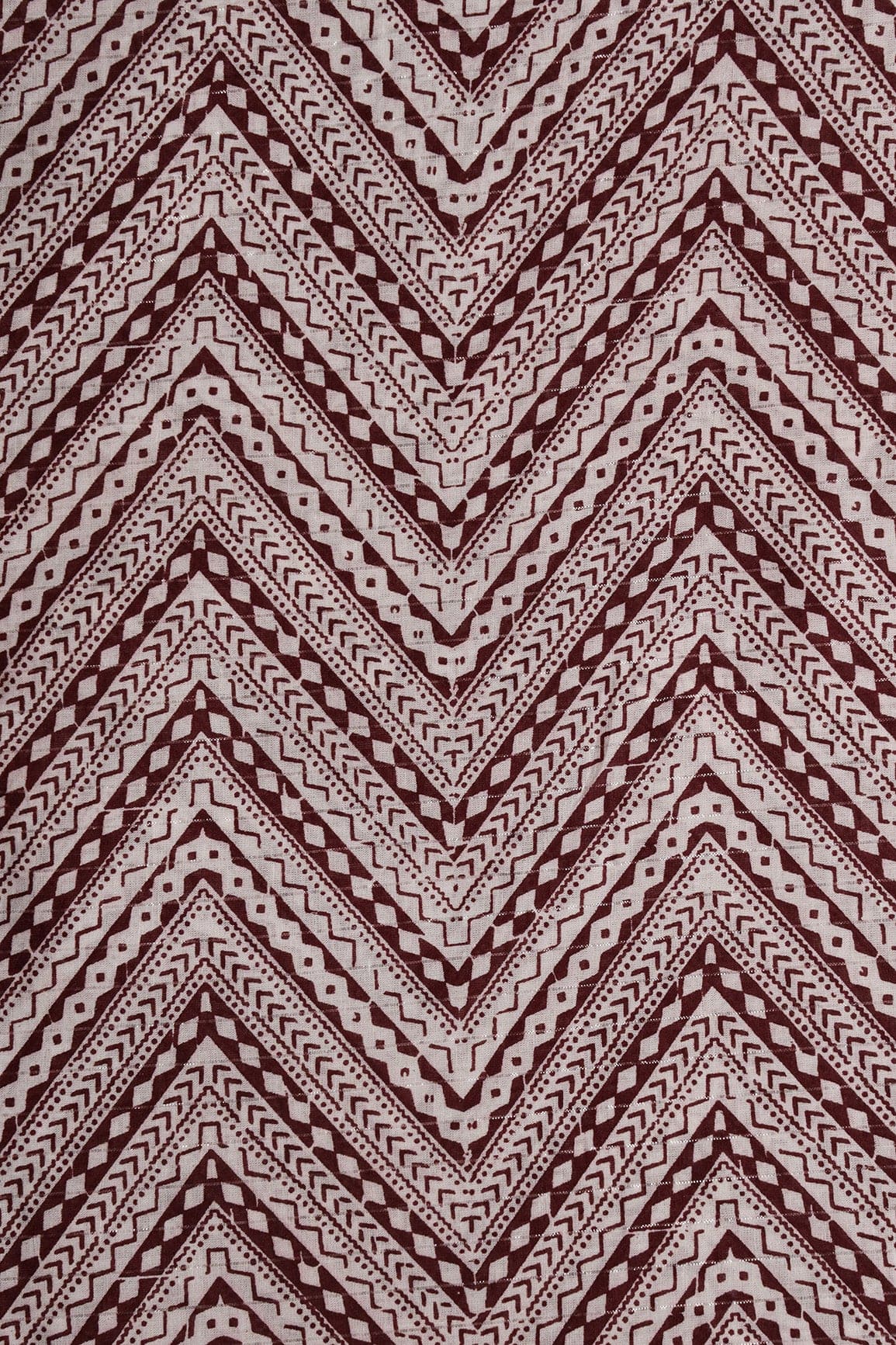 Maroon And White Chevron Pattern Screen Print Lurex Organic Cotton Fabric - doeraa