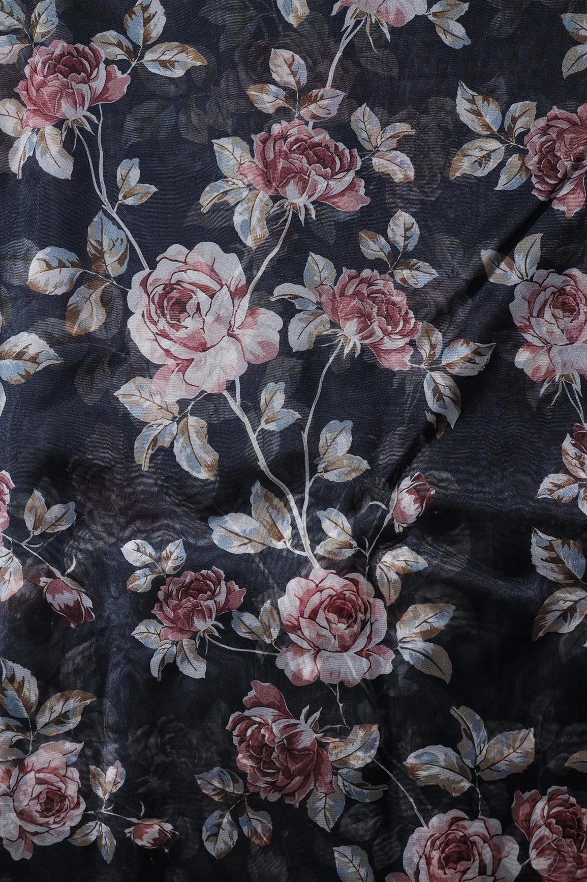 Maroon And White Floral Pattern Digital Print On Black Organza Fabric - doeraa