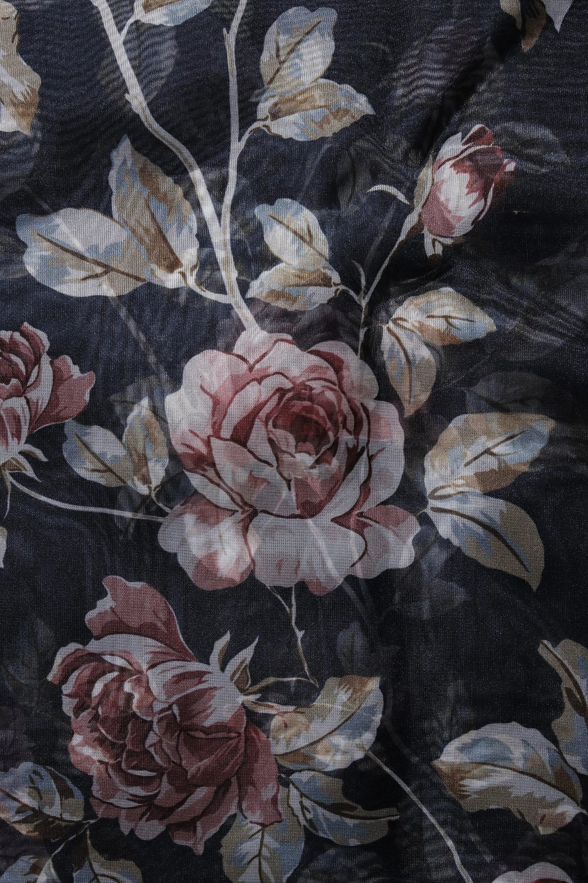 Maroon And White Floral Pattern Digital Print On Black Organza Fabric - doeraa