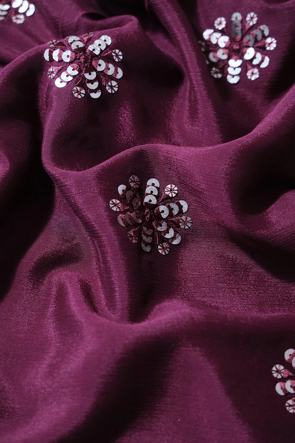 Maroon Thread With Gold Sequins Floral Butta Embroidery Work On Maroon Chinnon Chiffon Fabric - doeraa