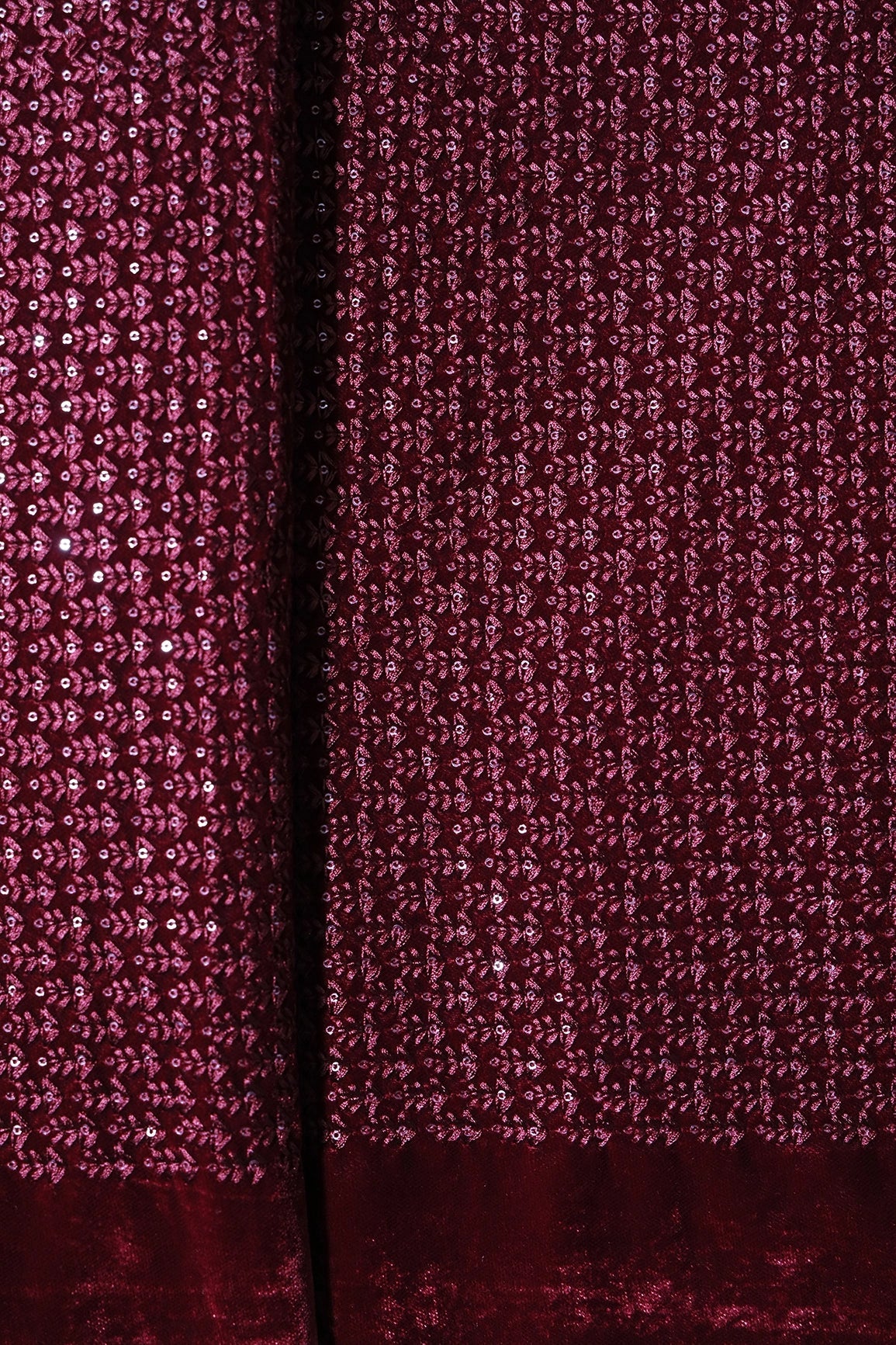 Maroon Thread With Sequins Small Floral Embroidery Work On Maroon Velvet Fabric - doeraa