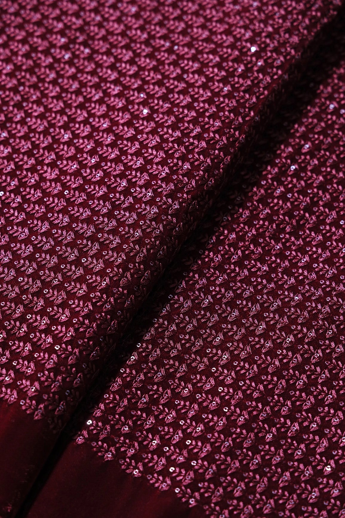 Maroon Thread With Sequins Small Floral Embroidery Work On Maroon Velvet Fabric - doeraa