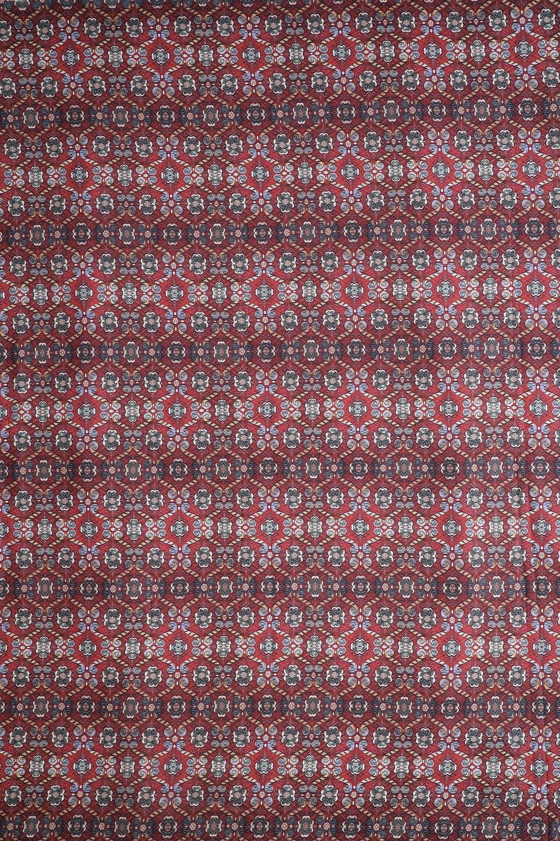 Maroon Trellis Pattern Digital Print On Mix Polyester Fabric - doeraa