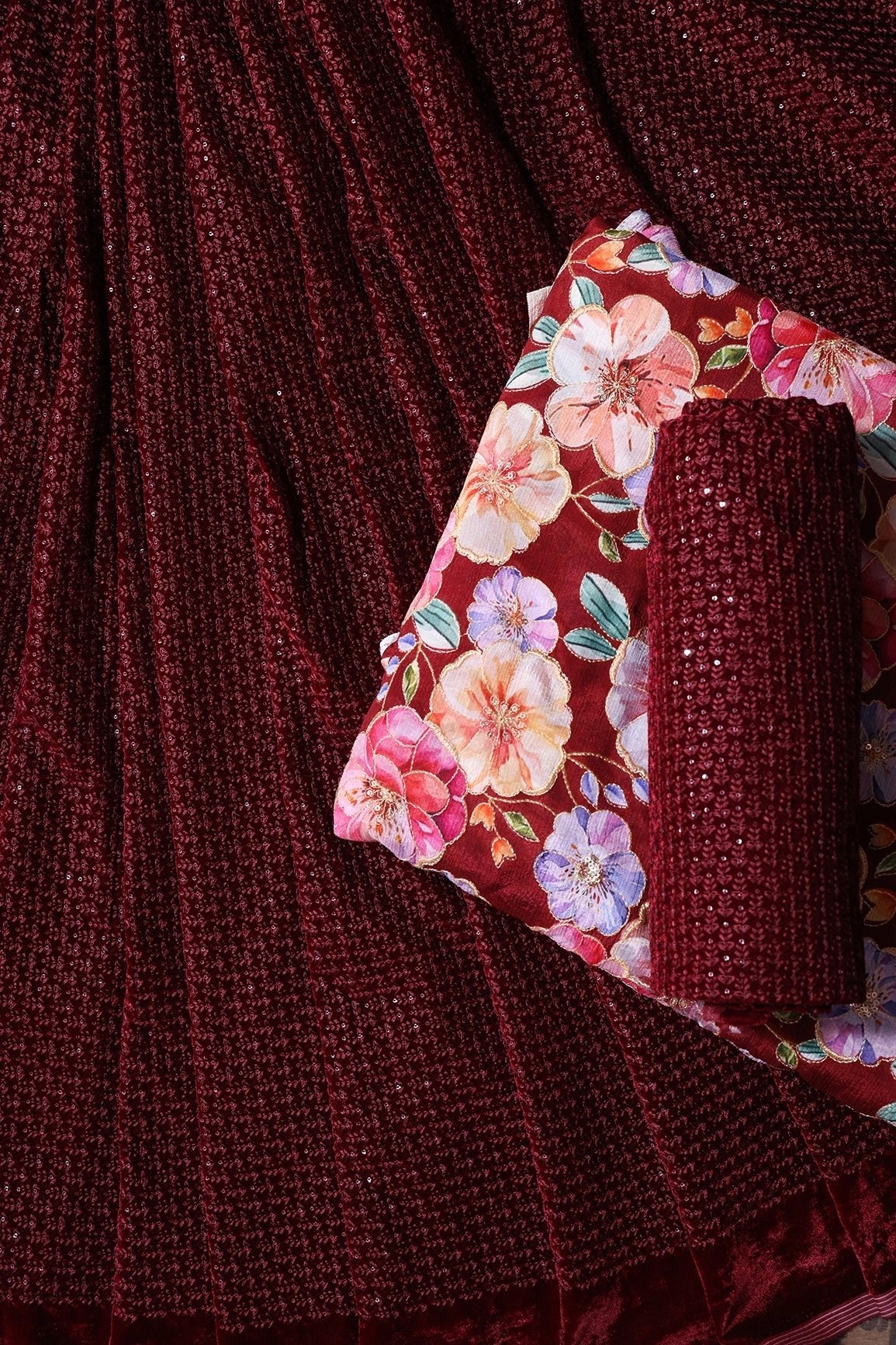 Maroon Unstitched Lehenga Set Fabric (3 Piece) - doeraa