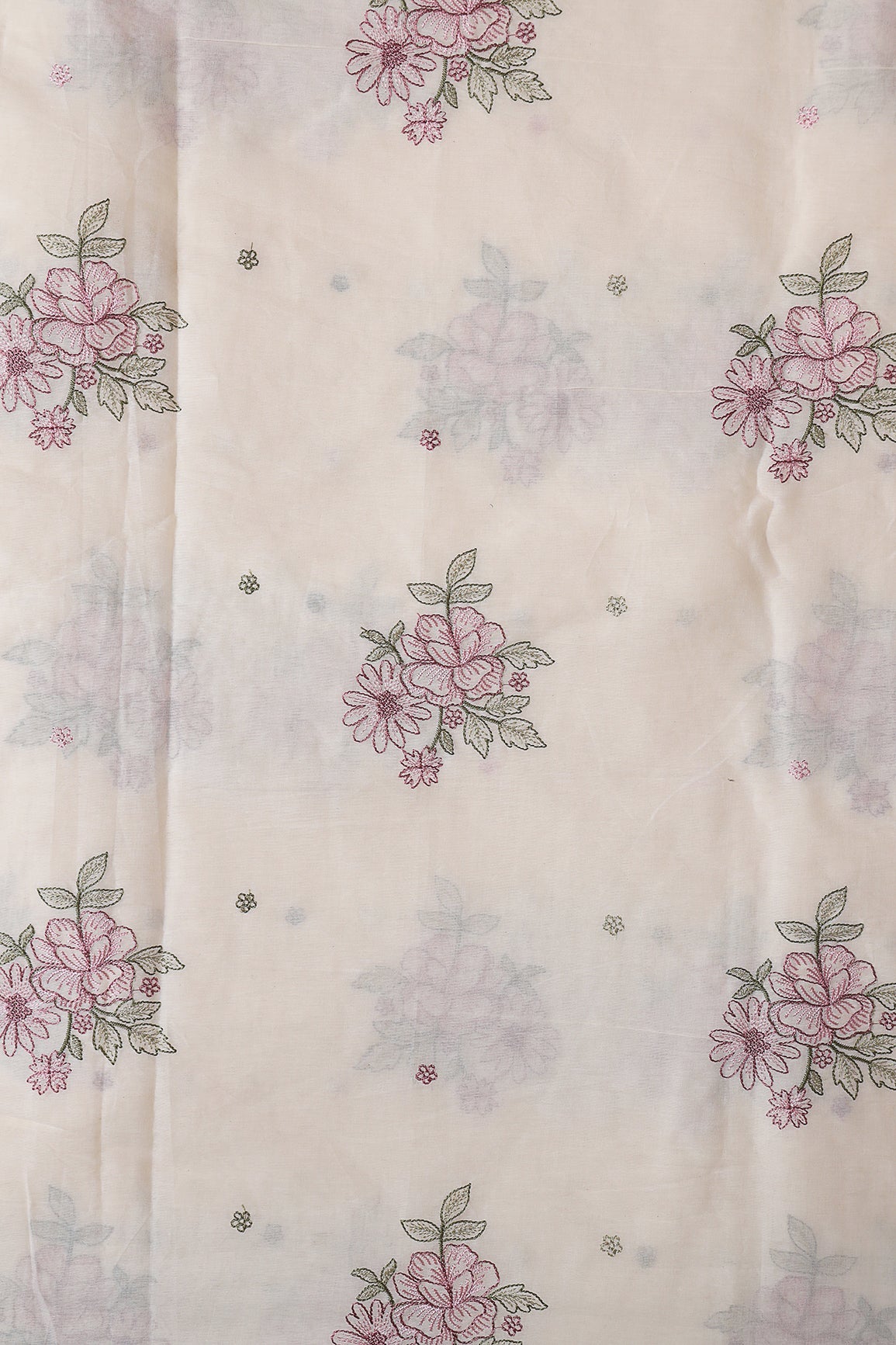 Mauve And Olive Thread beautiful Floral Embroidery On Off White Organic Cotton Fabric - doeraa