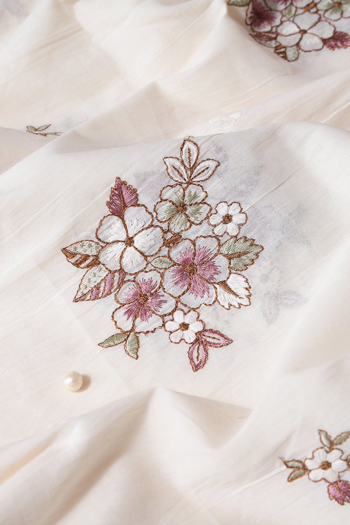 Mauve And Olive Thread Floral Embroidery On Off White Organic Cotton Fabric - doeraa