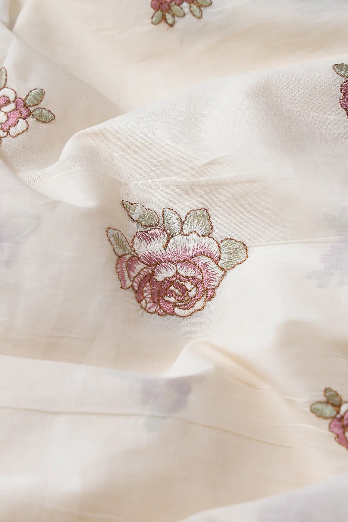 Mauve And Olive Thread Floral Embroidery On Off White Organic Cotton Fabric - doeraa
