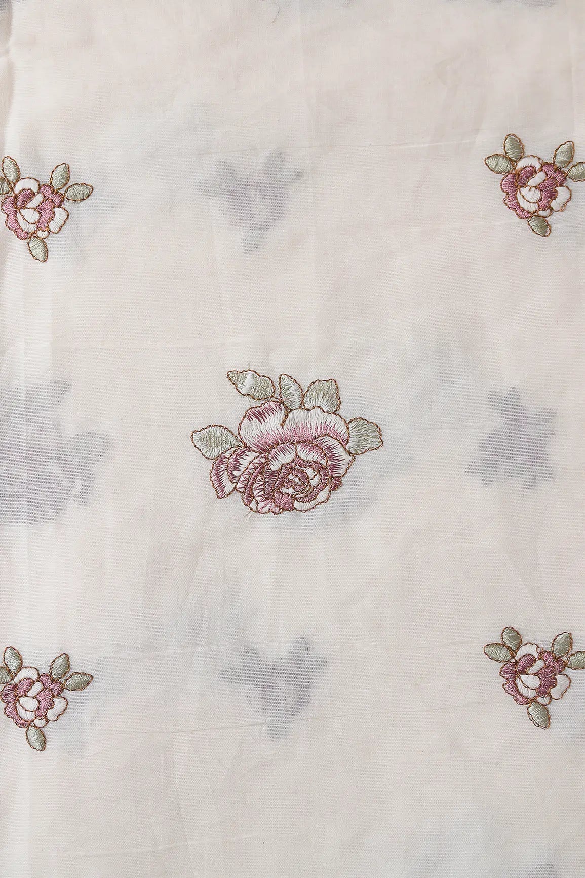 Mauve And Olive Thread Floral Embroidery On Off White Organic Cotton Fabric - doeraa