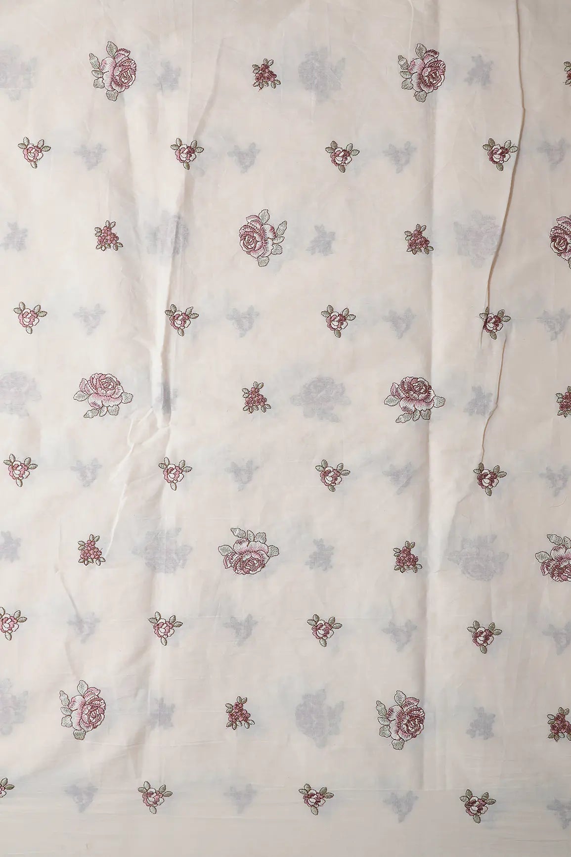 Mauve And Olive Thread Floral Embroidery On Off White Organic Cotton Fabric - doeraa