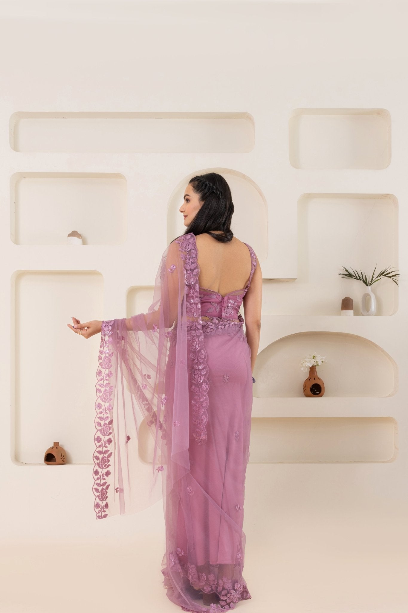 Mauve Embroidery Saree Set (Saree With Blouse Piece) - doeraa