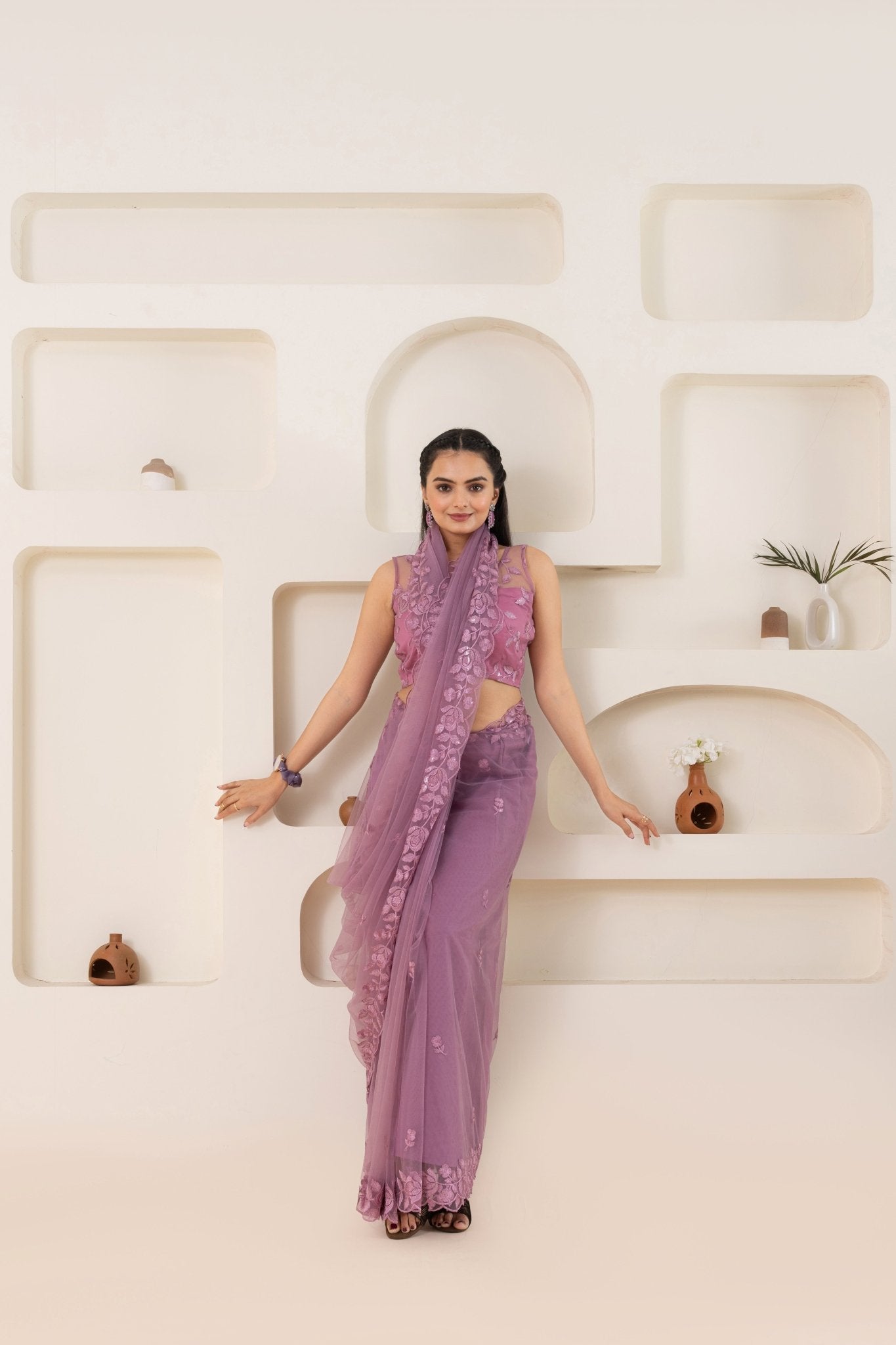 Mauve Embroidery Saree Set (Saree With Blouse Piece) - doeraa