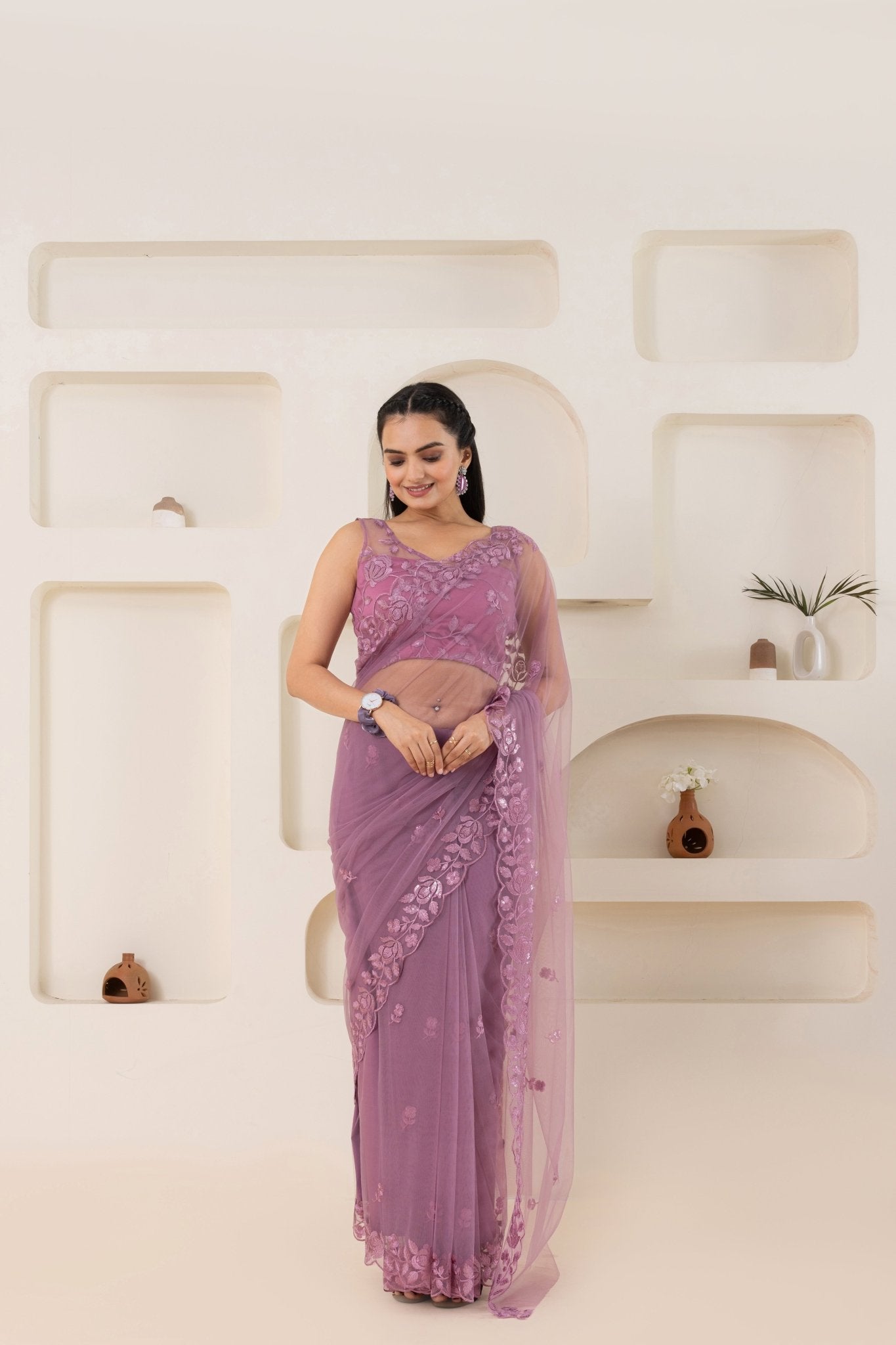 Mauve Embroidery Saree Set (Saree With Blouse Piece) - doeraa
