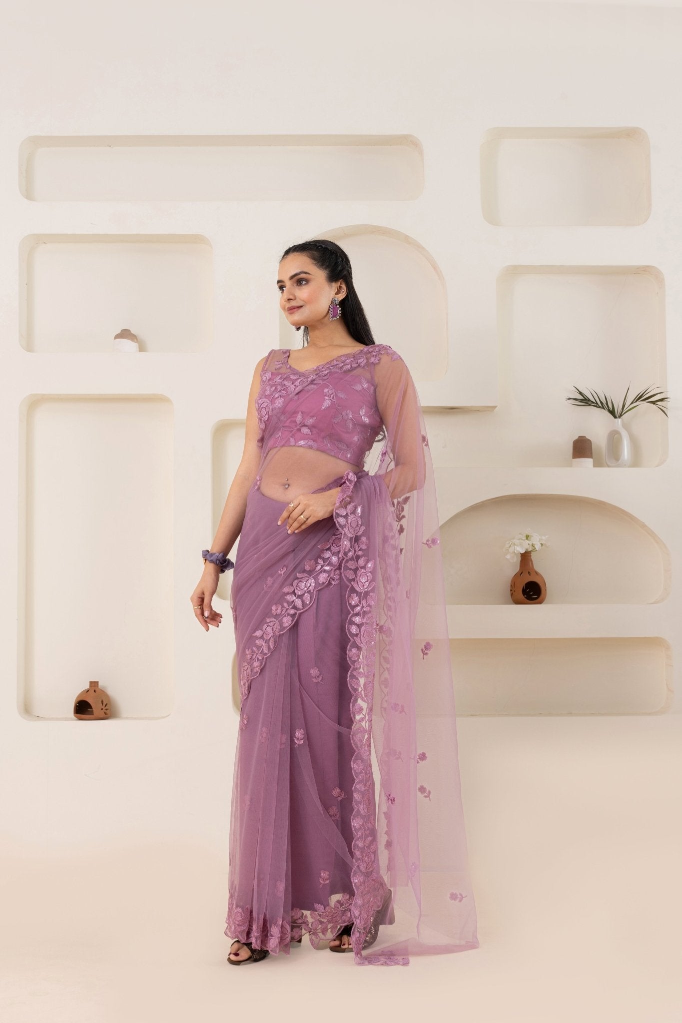 Mauve Embroidery Saree Set (Saree With Blouse Piece) - doeraa