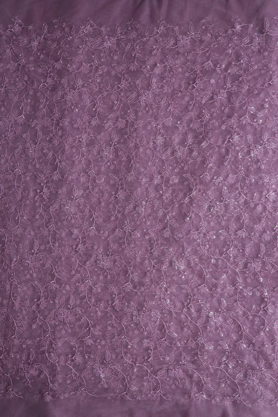 Mauve Thread With Water Sequins Floral Embroidery On Mauve Soft Net Fabric - doeraa