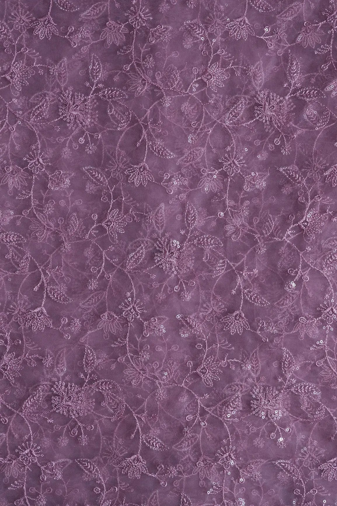 Mauve Thread With Water Sequins Floral Embroidery On Mauve Soft Net Fabric - doeraa