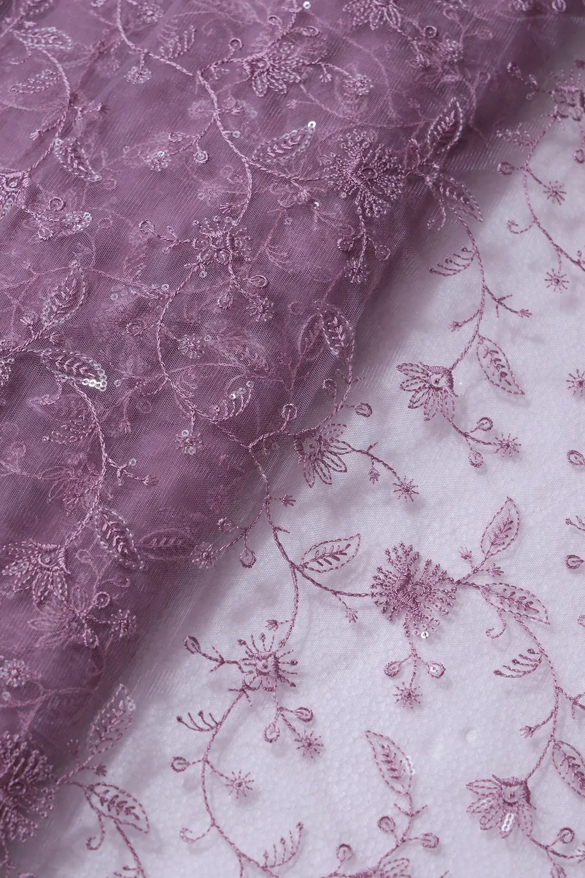 Mauve Thread With Water Sequins Floral Embroidery On Mauve Soft Net Fabric - doeraa